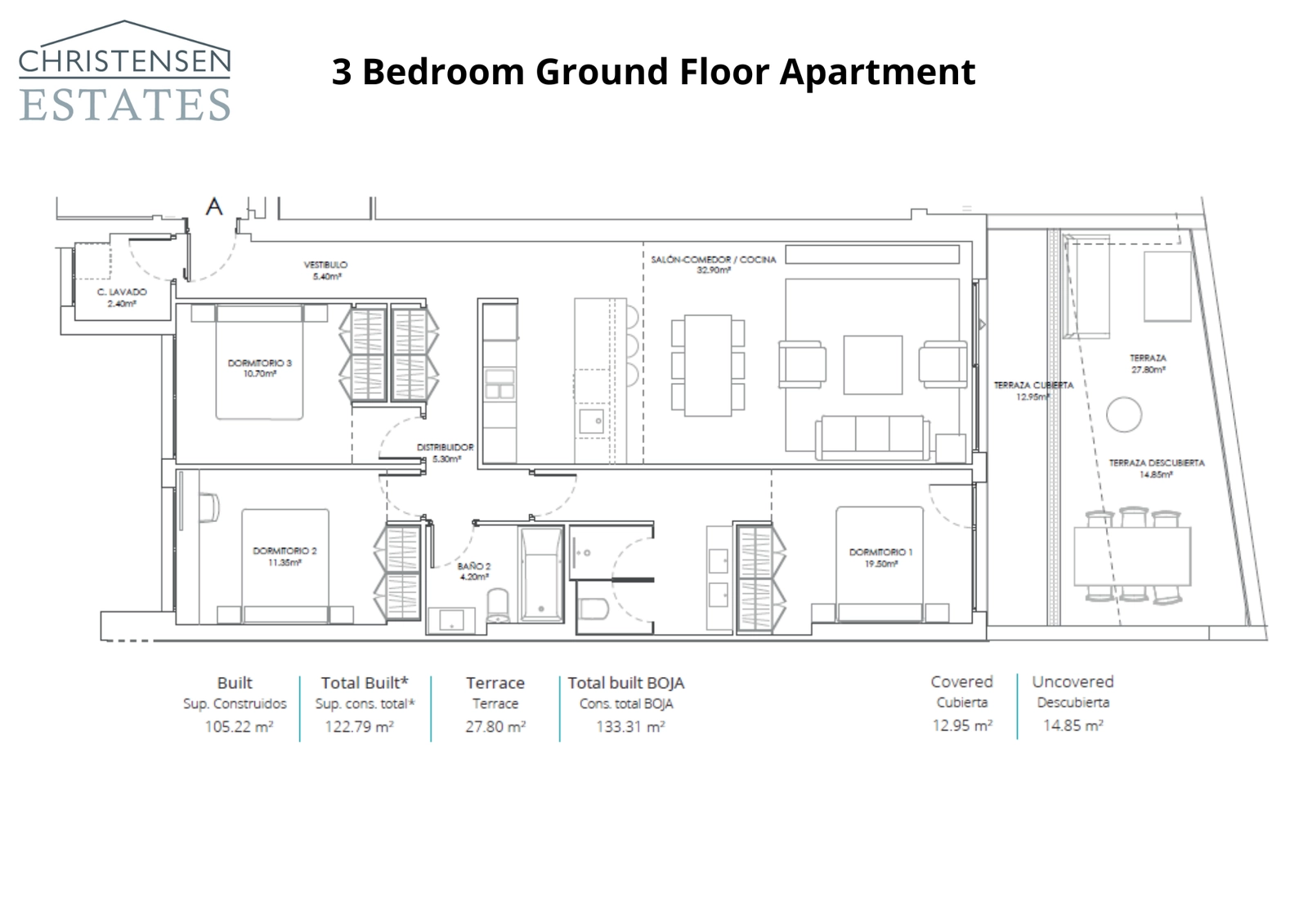 Denne planløsningen for en leilighet i første etasje med tre soverom viser romslige interiører som åpner ut mot en sjenerøs terrasse og hage.
