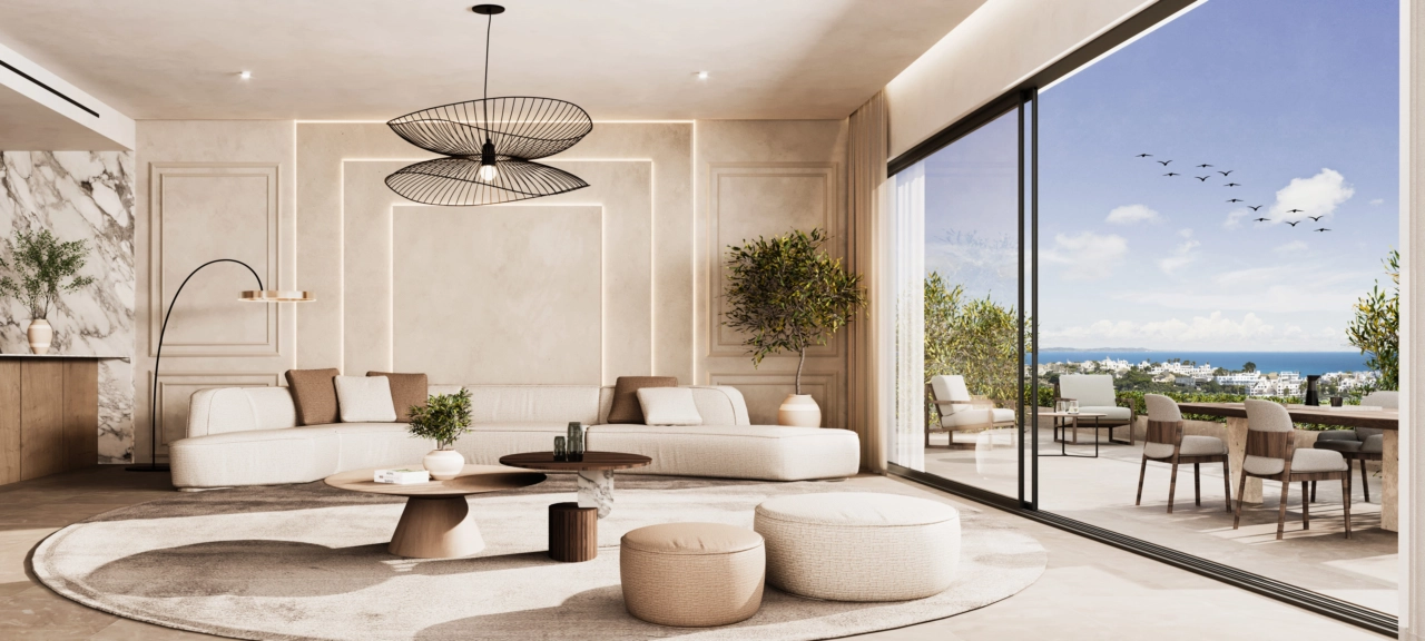 Elegante oppholdsrom som sømløst knyttes til utendørsområdene.