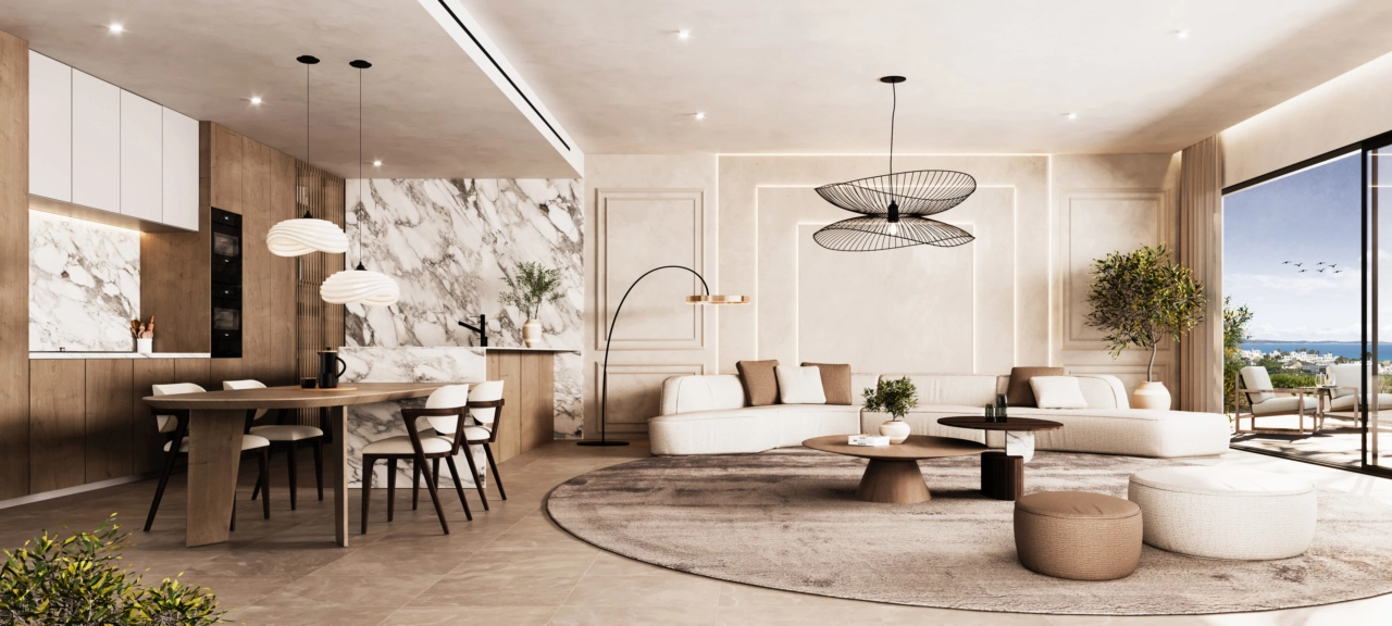 Sofistikert interiør med materialer av høy kvalitet og rikelig med naturlig lys.