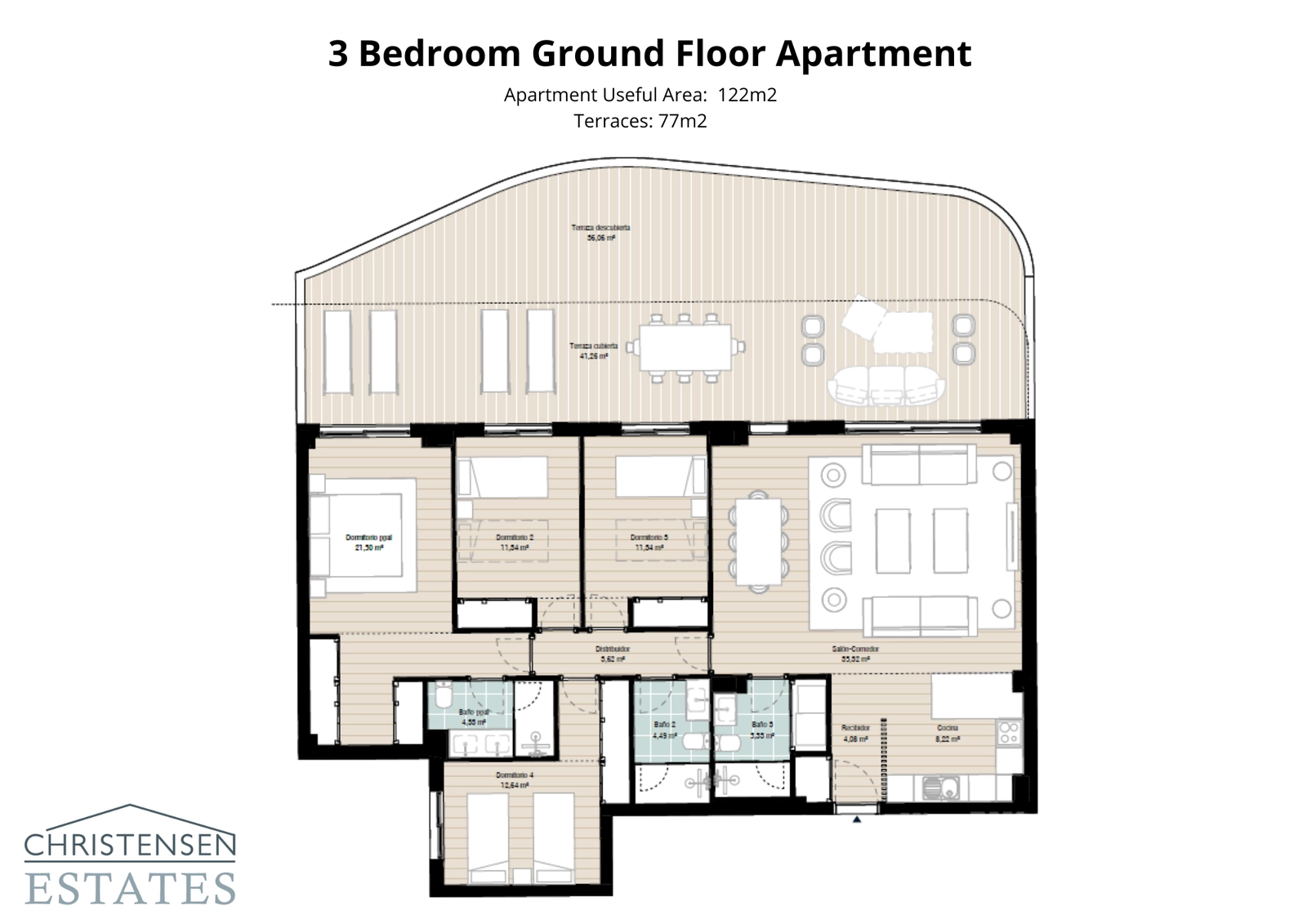 Denne planløsningen med tre soverom i første etasje tilbyr romslige oppholdsrom som åpner direkte ut mot en stor terrasse og privat hage.