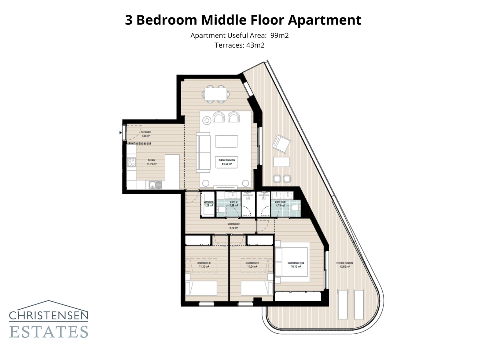 En intelligent designet leilighetsplan med tre soverom, som har en sjenerøs terrasse for å maksimere innendørs-utendørs livsstilen.