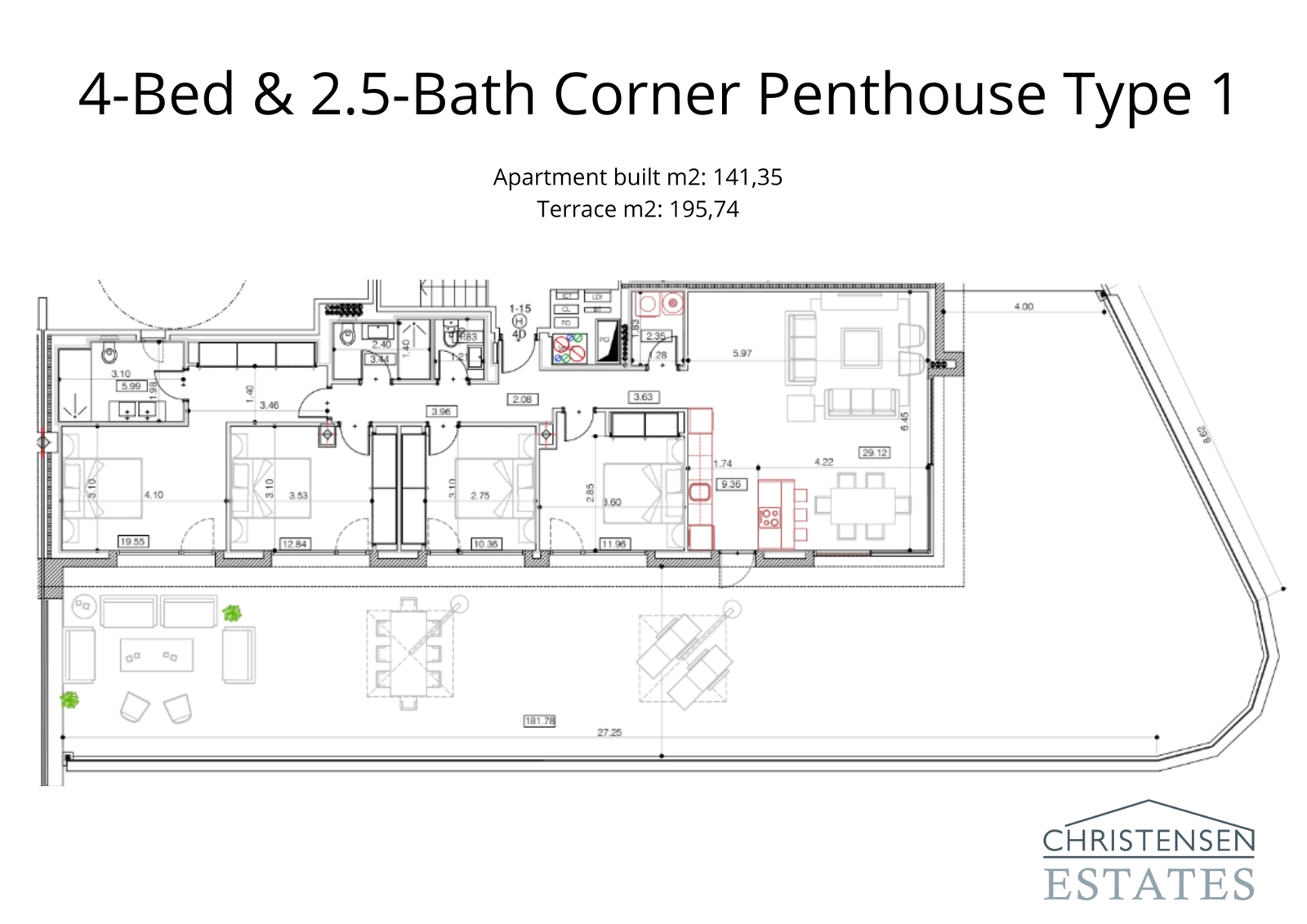 Romslig hjørne-penthouse med 4 soverom og en stor terrasse på 195 m², ideell for underholdning og for å nyte utsikten.