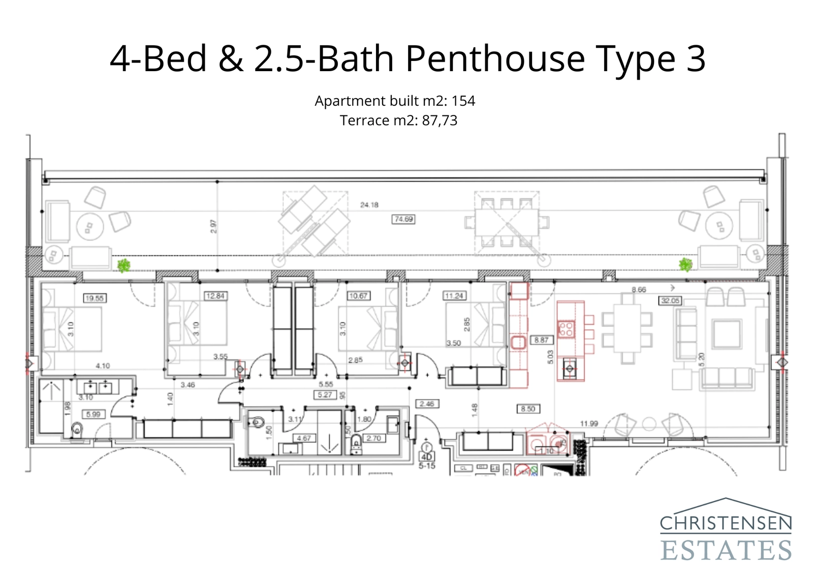 En elegant penthouse-konfigurasjon på 154 m² med 4 soverom, som tilbyr en komfortabel flyt og en terrasse på 87 m² for utendørsliv.