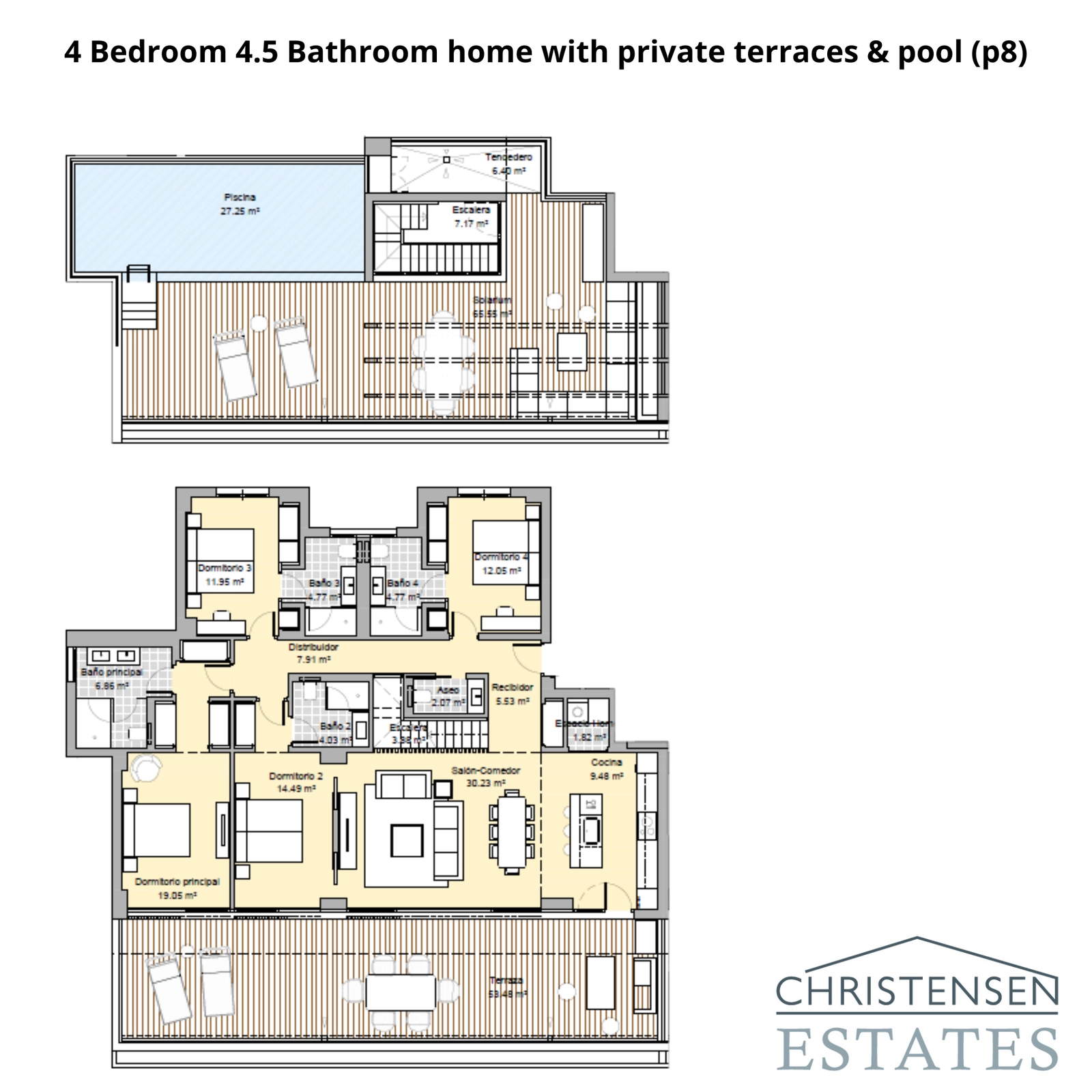 En elegant fire-roms dupleksleilighetsløsning, som tilbyr flere terrasser og et stort taksolarium med privat basseng.
