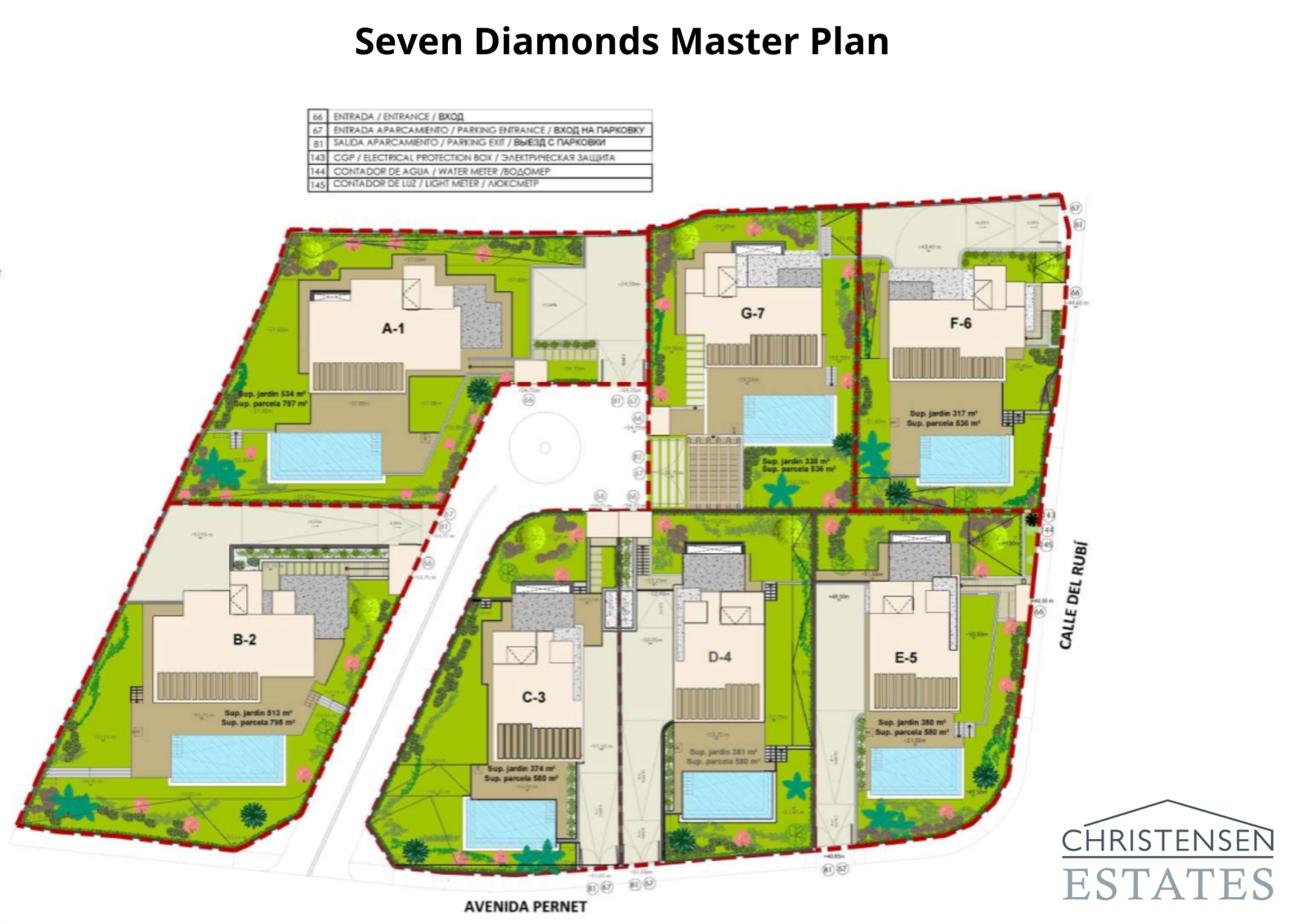 Reguleringsplanen for utbyggingen, som illustrerer den eksklusive og private utformingen av de syv unike eneboligene og deres tomter.