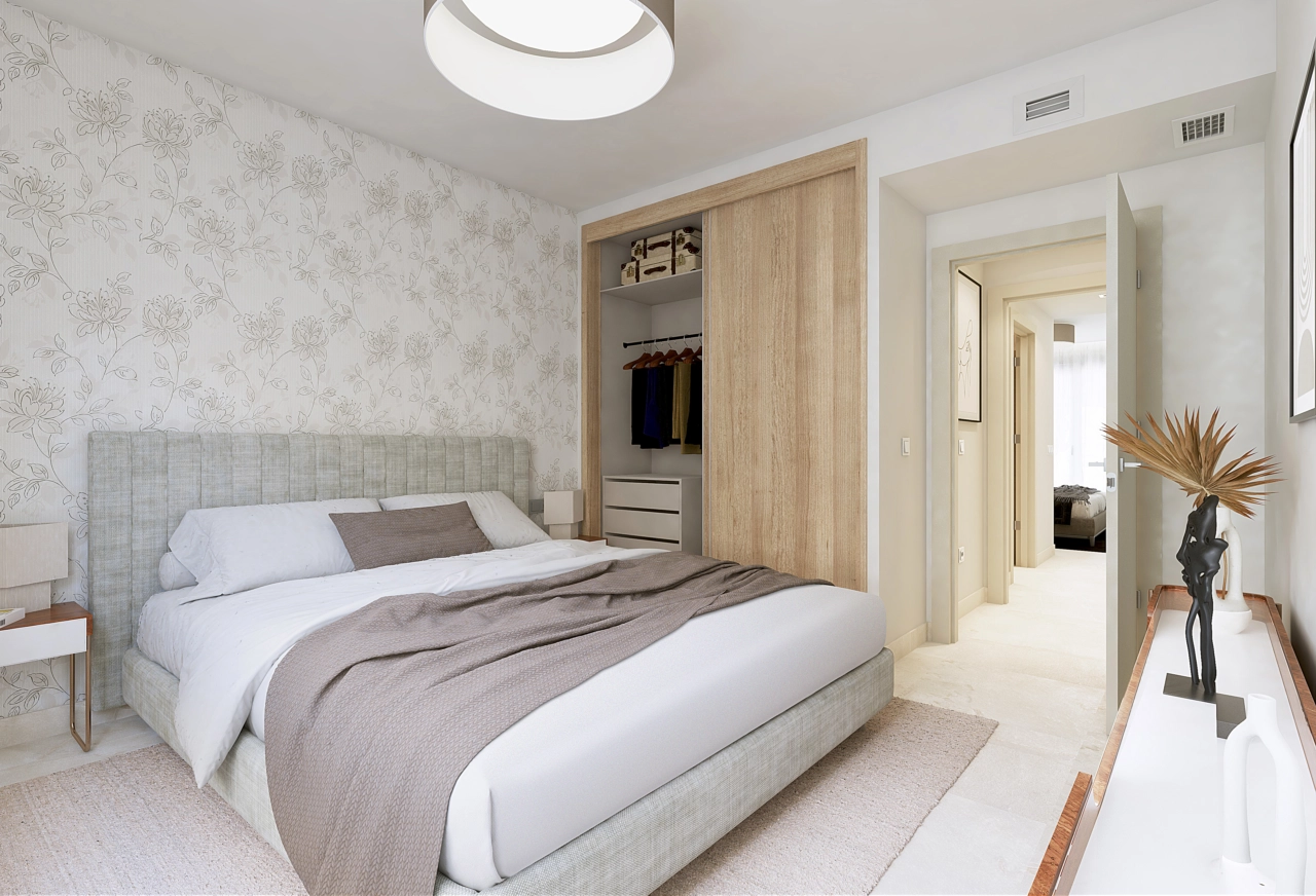 Hovedsoverommet tilbyr et rolig tilfluktssted med rikelig lagringsplass og sofistikerte designdetaljer.