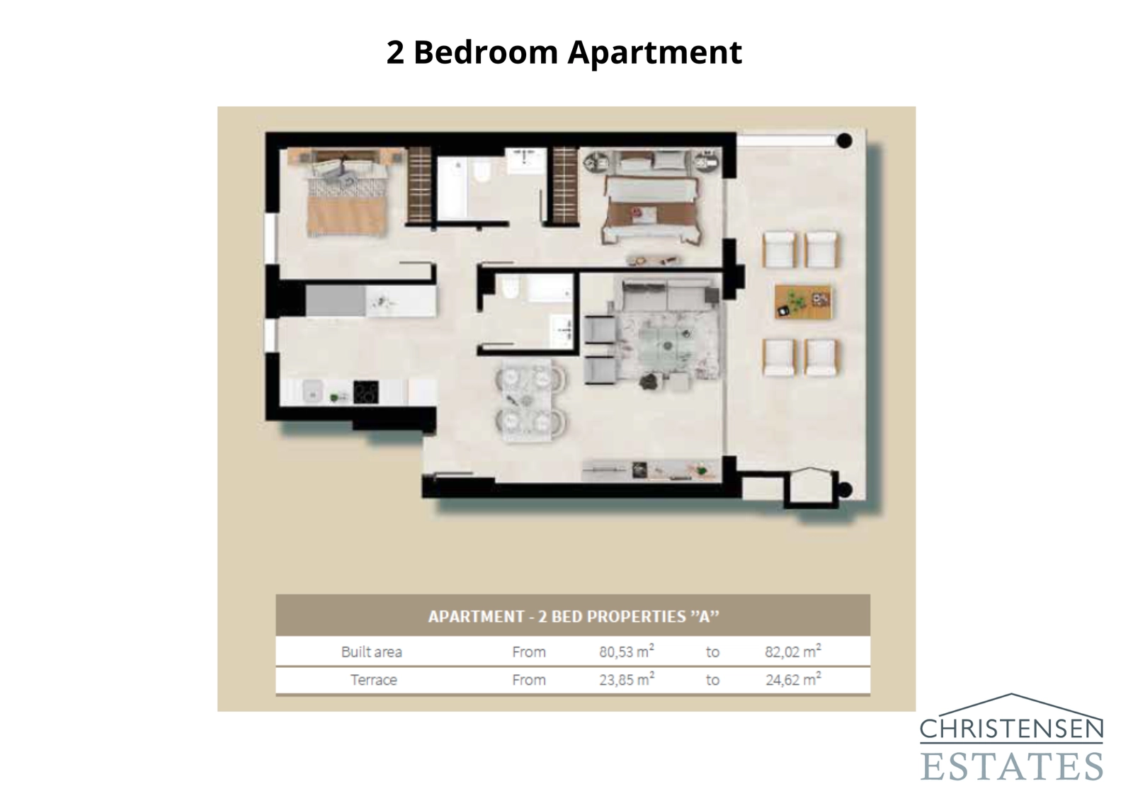 Denne planløsningen for leiligheten med to soverom tilbyr et praktisk og åpent design, som forbinder stuen med en sjenerøs terrasse, ideell for å nyte utendørslivet.