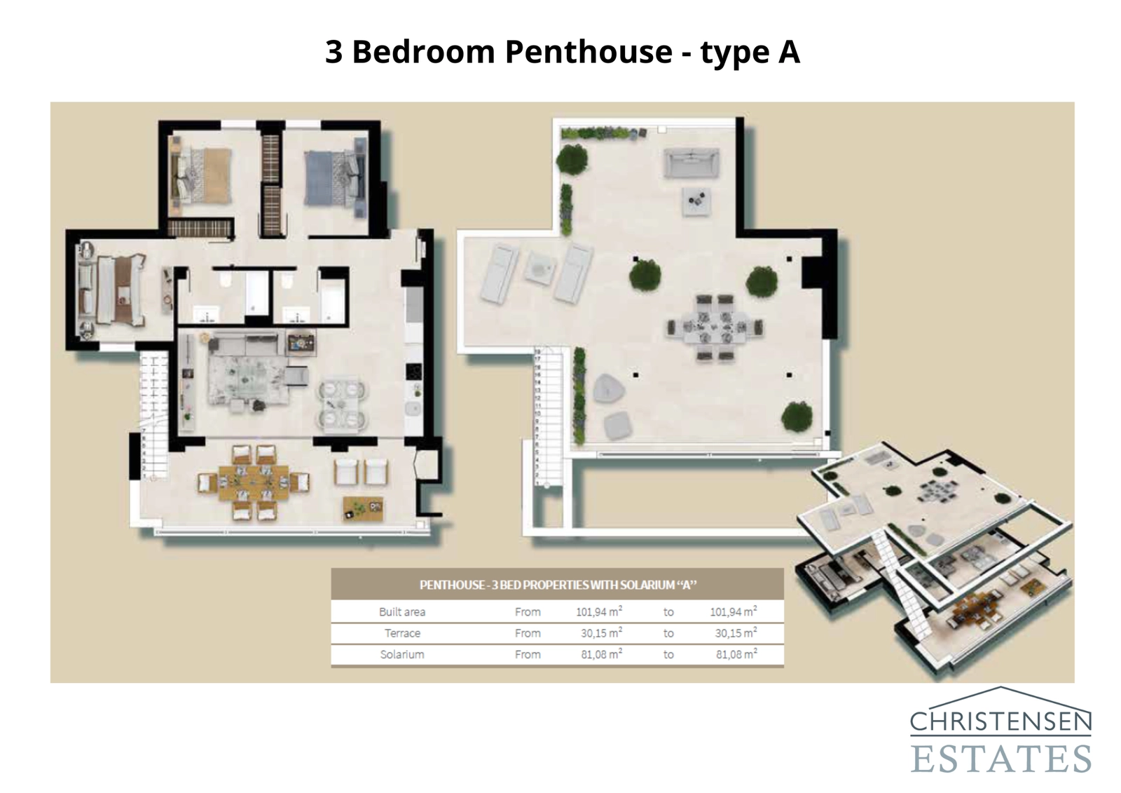 Utforsk planløsningen til denne eksepsjonelle toppleiligheten med tre soverom, komplett med et stort taksolarium for privat soling og underholdning med panoramautsikt.