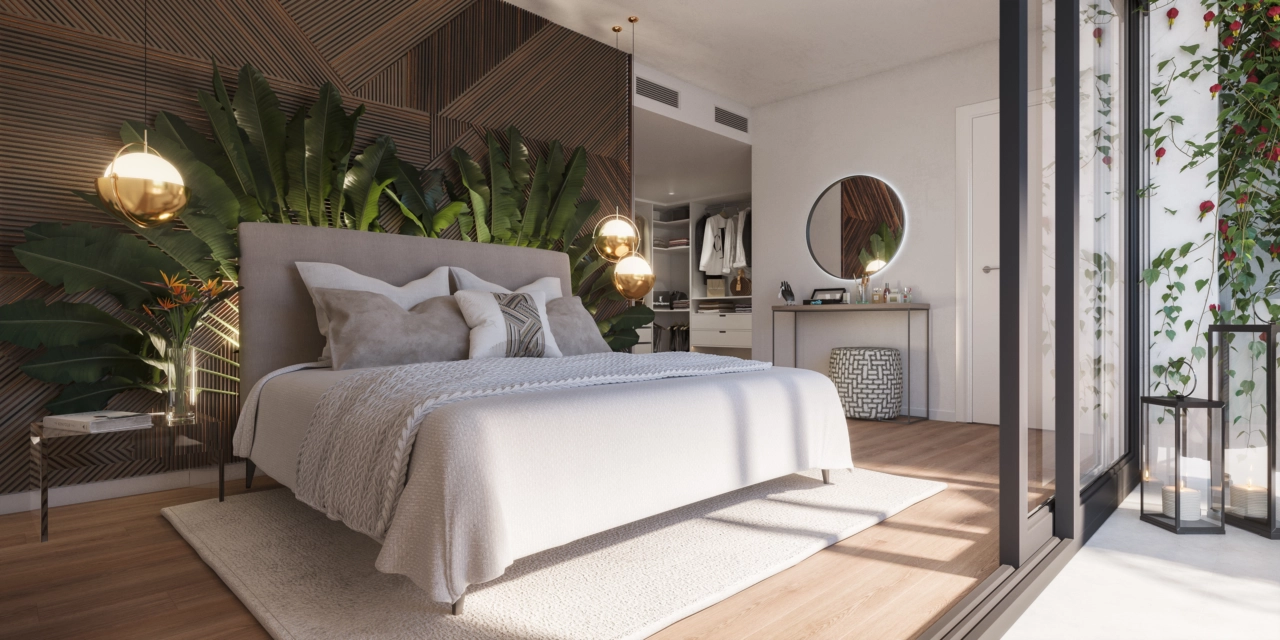 Hovedsoverommet er et fredelig tilfluktssted, med stilrent design og direkte tilgang til uteområdet.