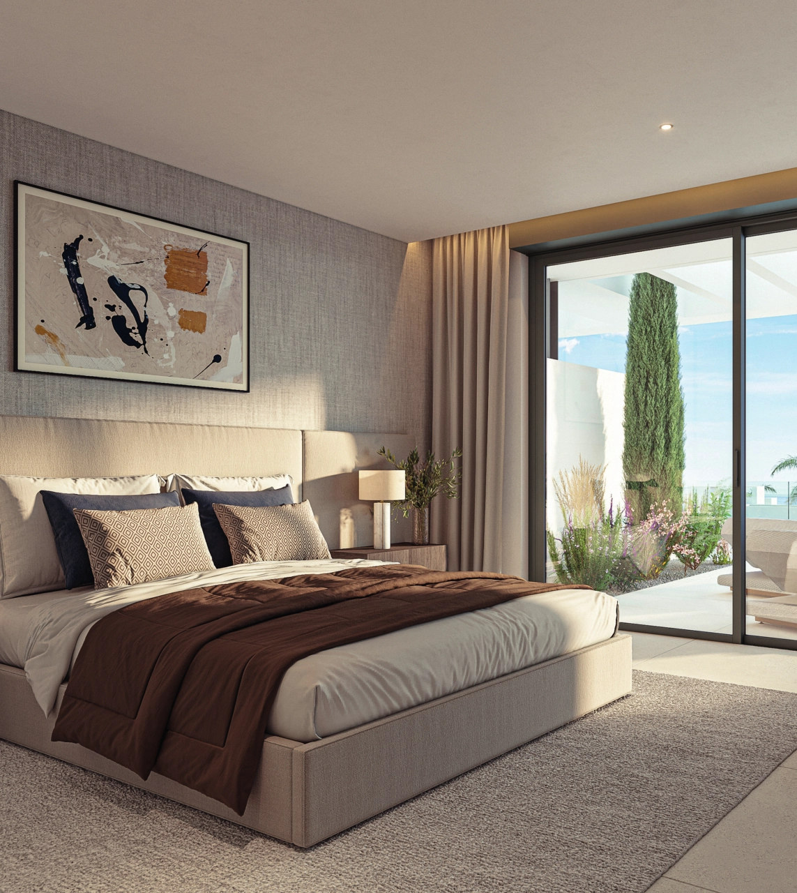 Våkn opp i et fredelig hovedsoverom med direkte tilgang til din private terrasse.