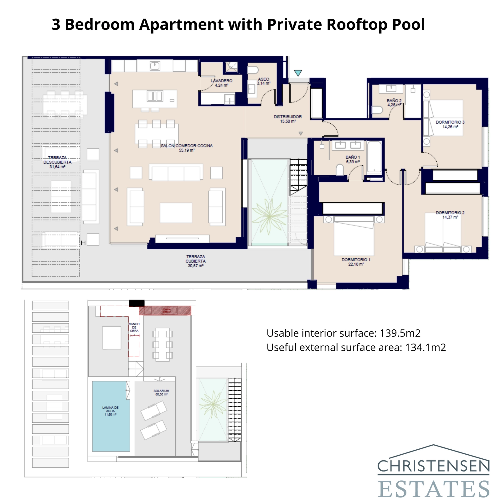 Planløsningen for denne tre-roms boligen inkluderer et stort solarium på taket med et privat basseng, perfekt for å nyte solen.