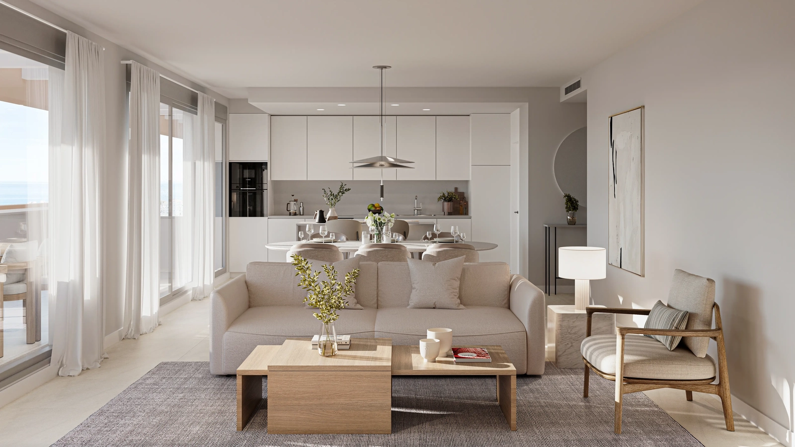 Lyst og romslig åpent stueområde, som sømløst forbinder seg med uteplassen.