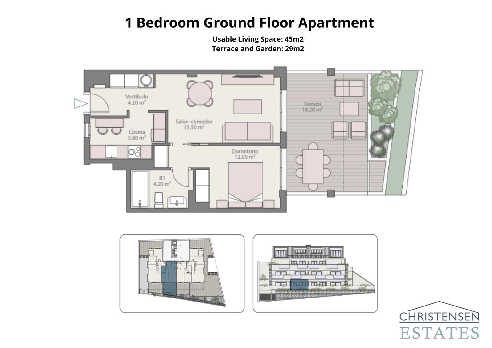 Denne planløsningen for en ettroms leilighet i første etasje tilbyr et smart design som forbinder stuen med en privat terrasse og hage.