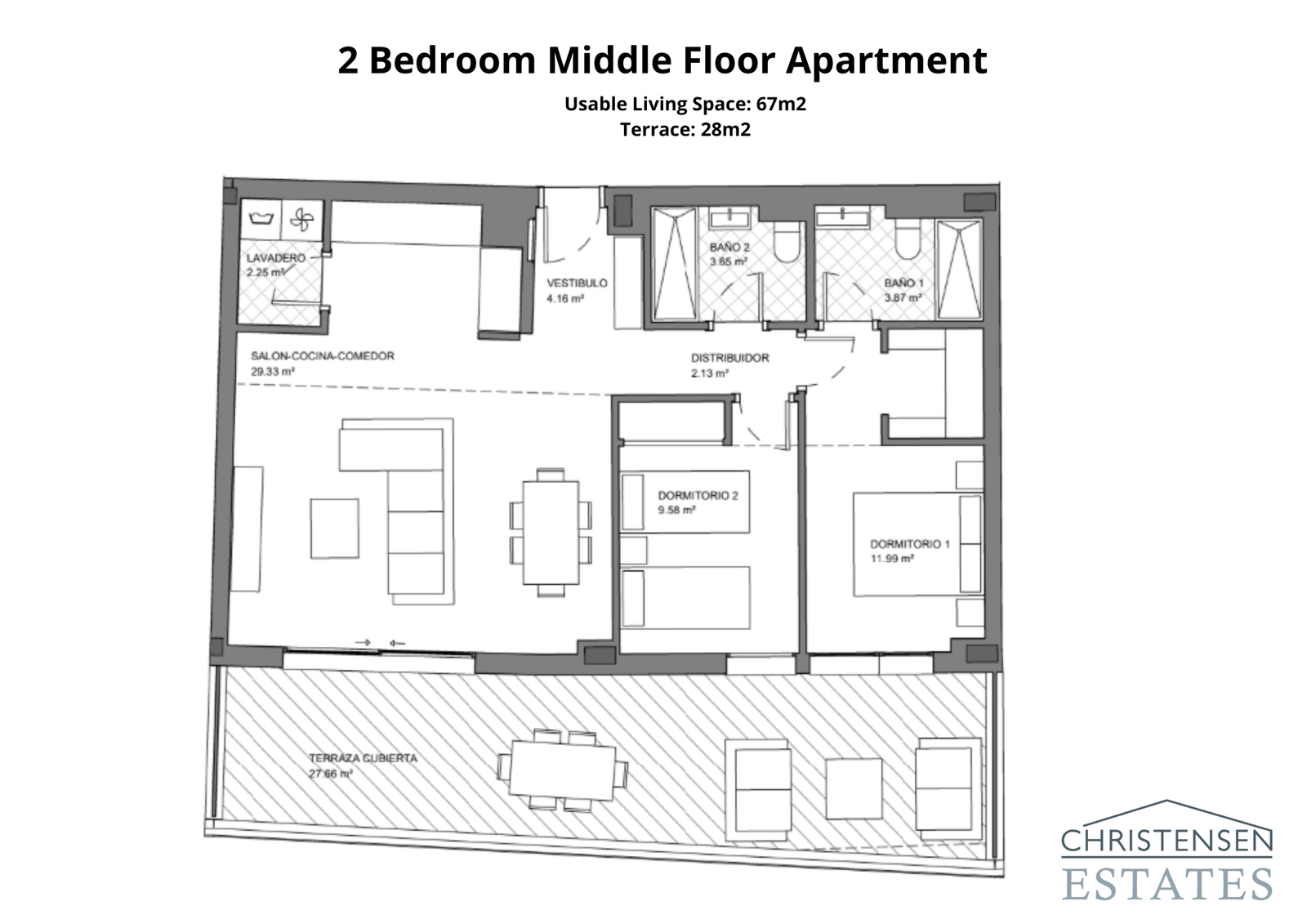 Denne planløsningen for en leilighet med to soverom har en åpen stue som flyter ut til en romslig terrasse, perfekt for innendørs-utendørs livsstil.