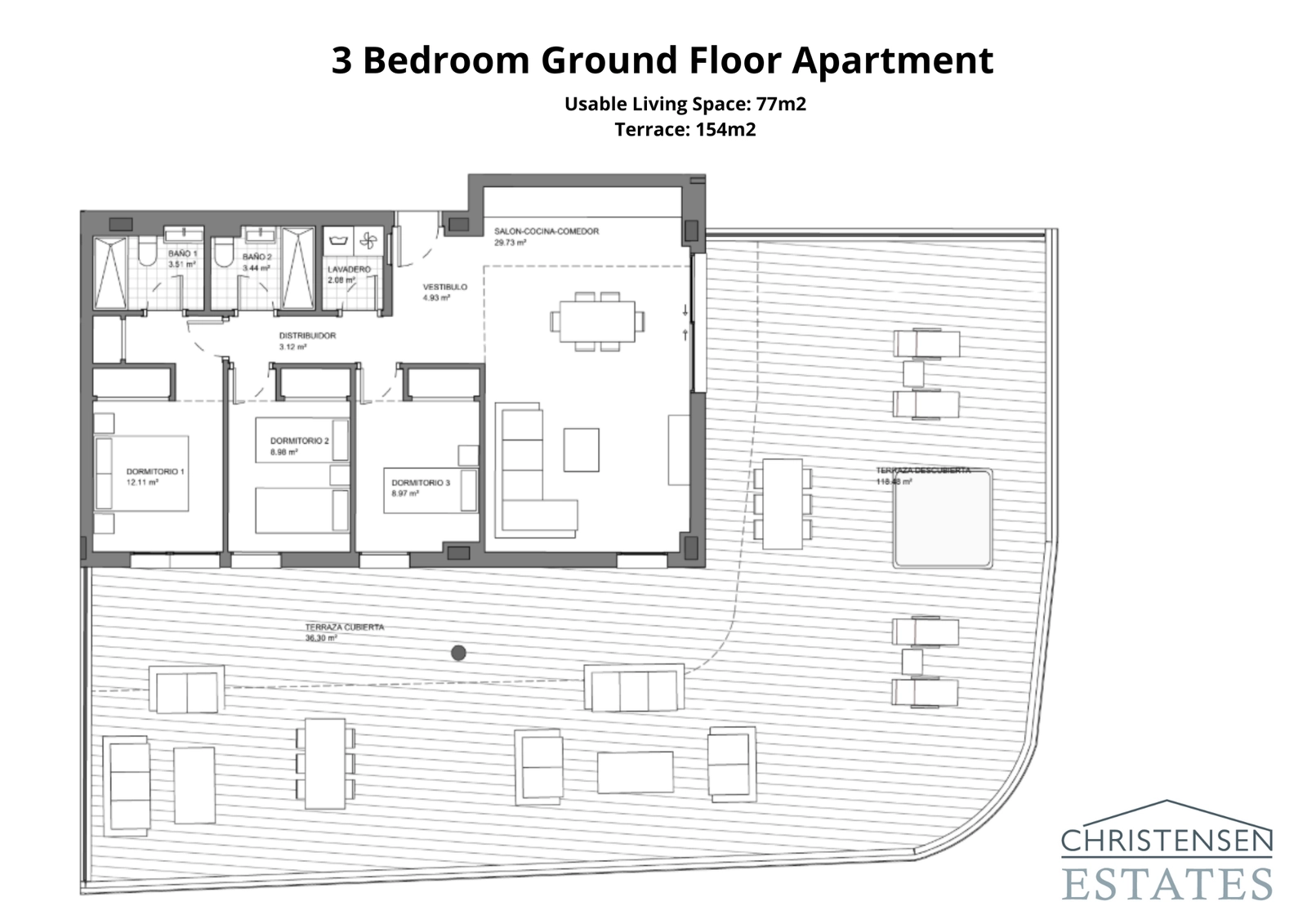 Plantegningen for en tre-roms leilighet i første etasje, som viser romslige interiører koblet til en veldig stor terrasse og privat hage.