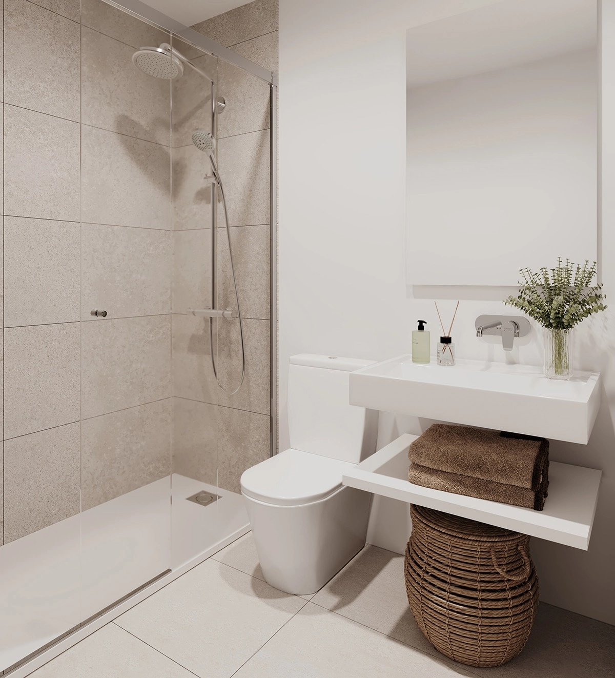 Elegante bad har moderne design og materialer av høy kvalitet for en spa-lignende følelse.