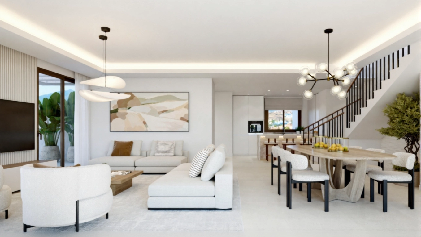 Elegant interiør kombinerer moderne design med en varm, innbydende atmosfære for avslapning og underholdning.