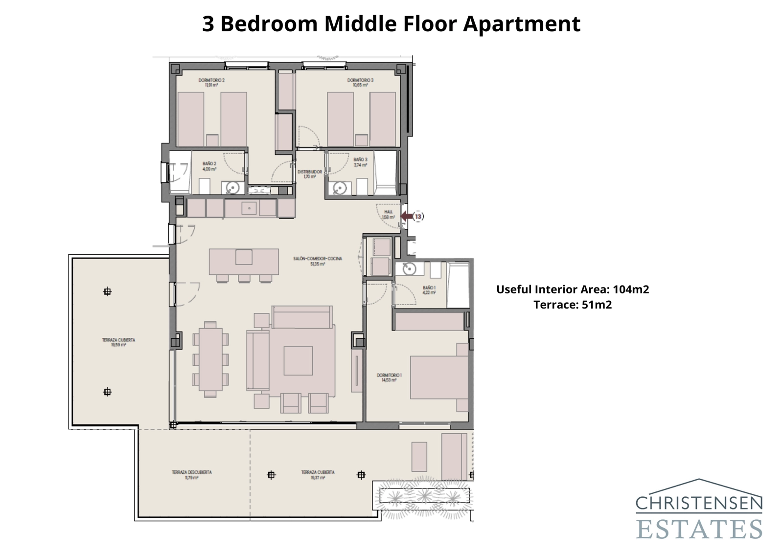 Planløsningen for denne tre-roms leiligheten i mellomste etasje har et åpent stueområde og en romslig terrasse for å nyte utsikten og klimaet.