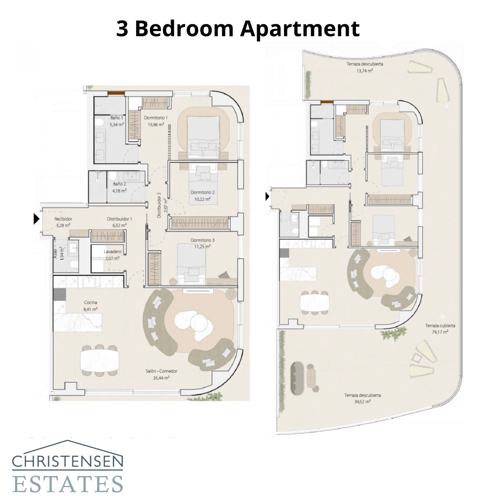 En romslig bolig med tre soverom, som tilbyr god plass for familier og en flytende forbindelse mellom innendørs og utendørs områder.