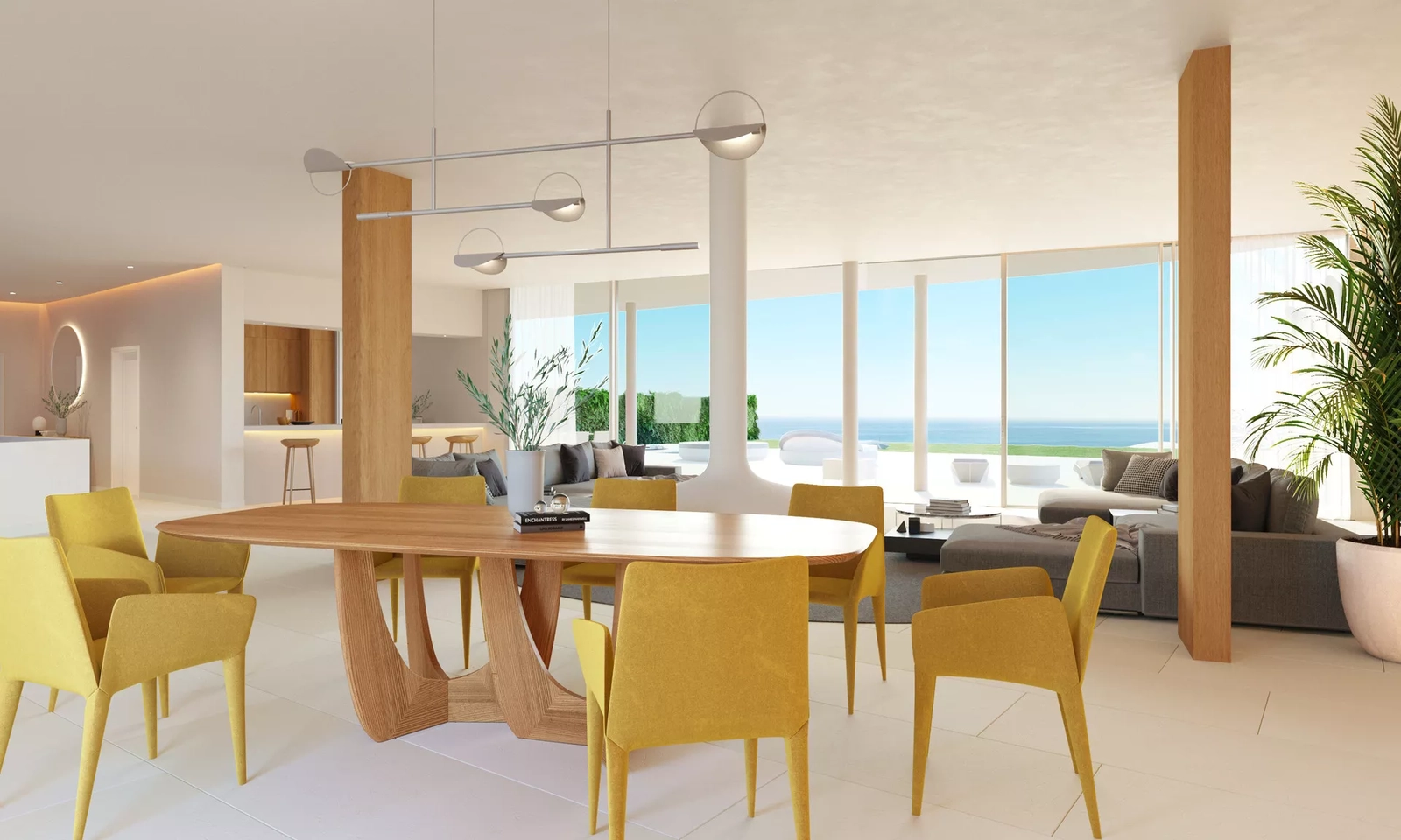 En romslig spiseplass som flyter vakkert inn i stuen, designet for minneverdige måltider med familie og venner.