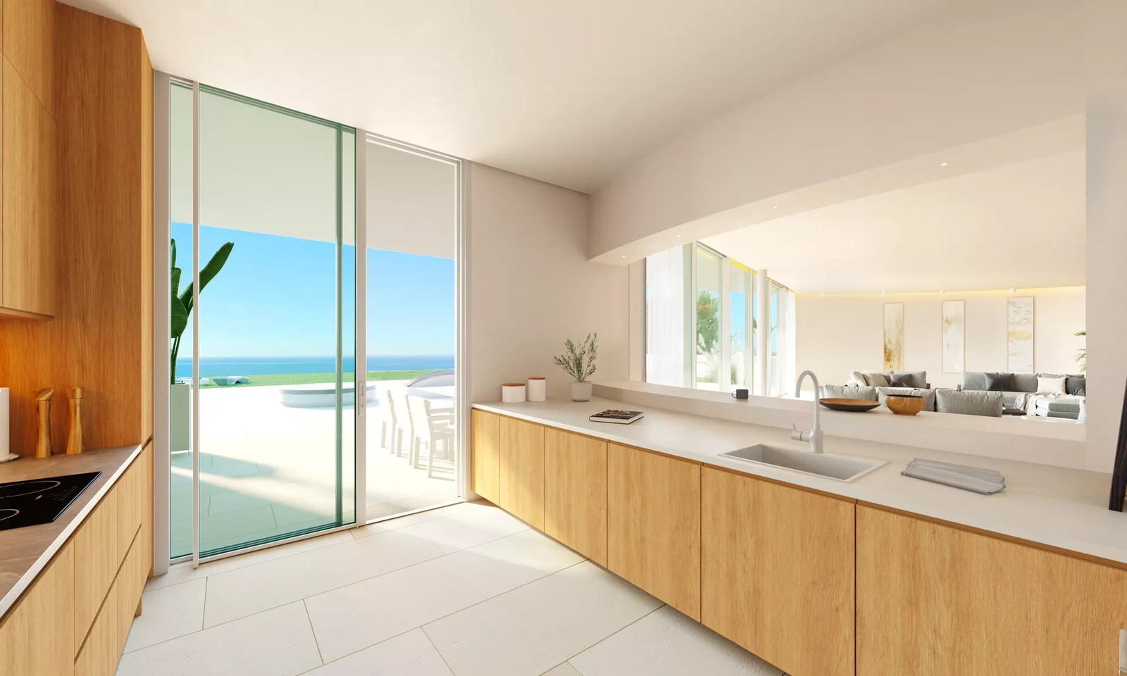 Et moderne, fullt utstyrt kjøkken med rene linjer og naturlige materialer, som kobles til hovedstuen.