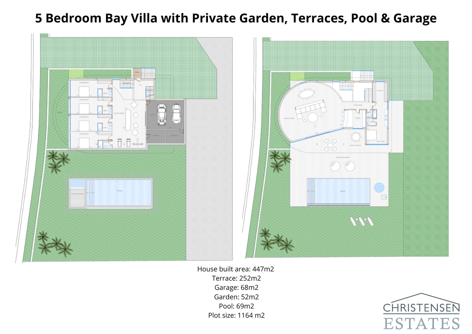 Denne detaljerte plantegningen viser den intelligente utformingen av villaen med fem soverom, designet for komfort og en sømløs flyt mellom de romslige interiørene, terrassene og den private hagen.