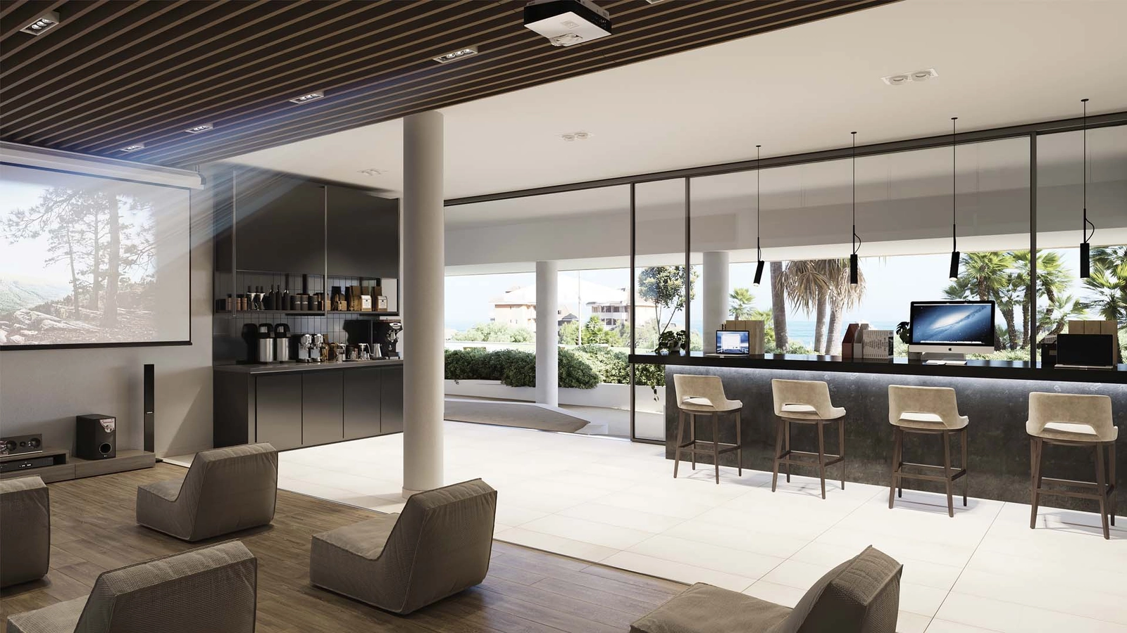 En stilfull co-working og sosial lounge for beboere å koble av, jobbe og sosialisere.