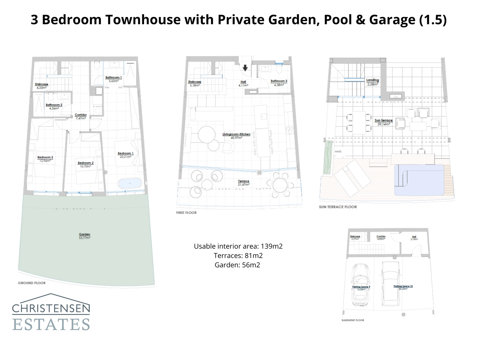 En alternativ 3-roms design, som viser romslige oppholdsrom som fører ut til en terrasse og generøs hageplass.