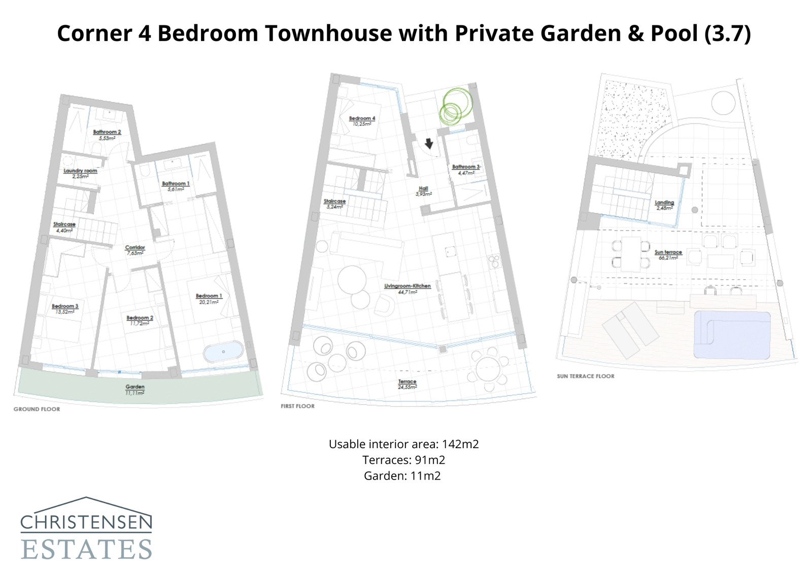 Den romslige planløsningen for et hjørnehjem med 4 soverom, med hage, flere terrasser og generøse interiørrom for familielivet.