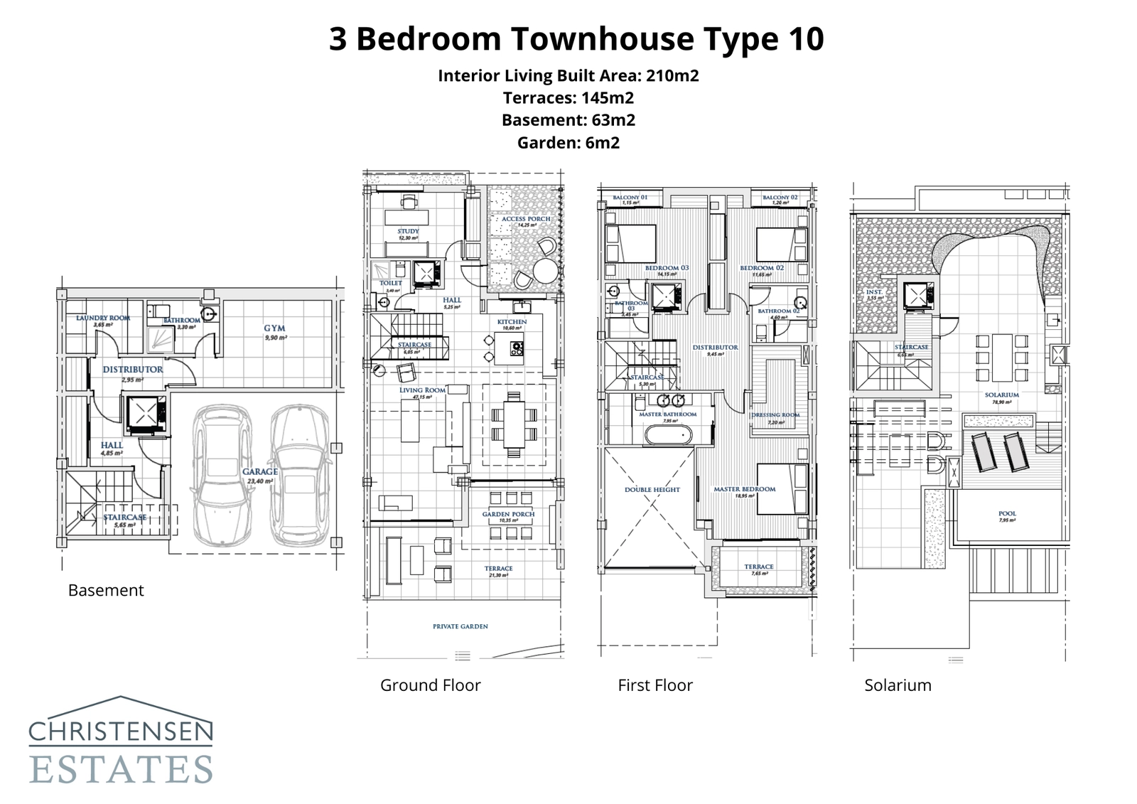 Denne gjennomtenkte planløsningen viser fordelingen over flere nivåer, inkludert en privat garasje, treningsrom, åpen stue og et taksolarium med privat basseng.