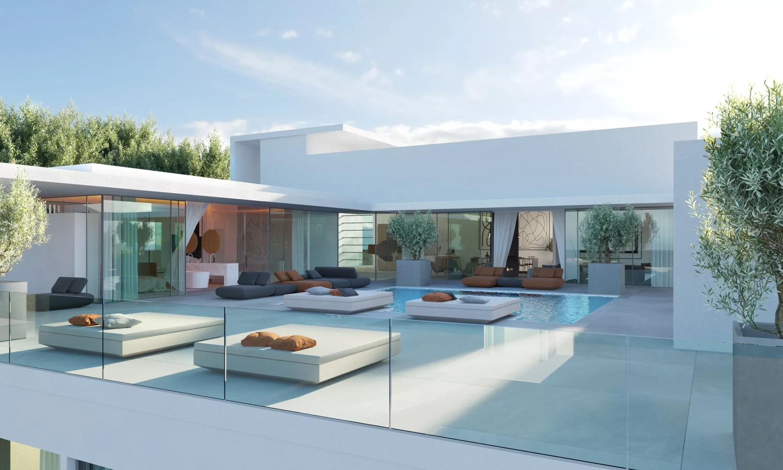 En hevet utsikt over den romslige terrassen og det private svømmebassenget, designet for ultimat avslapning på Costa del Sol.