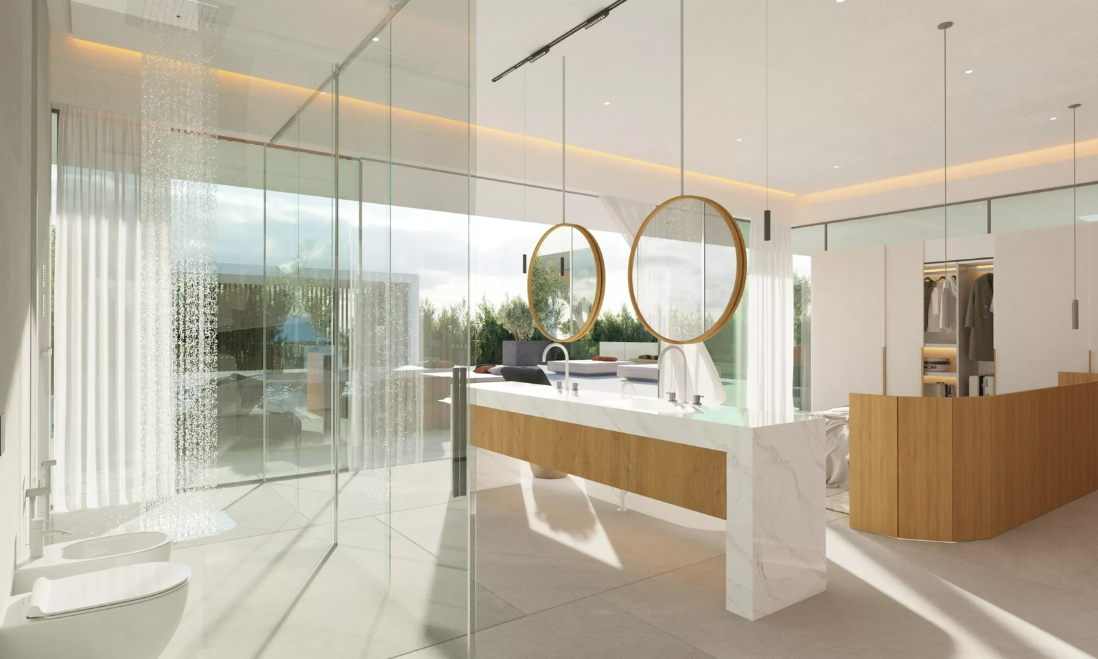 Et luksuriøst bad med walk-in dusj og direkte utsikt over utendørsterrassen.