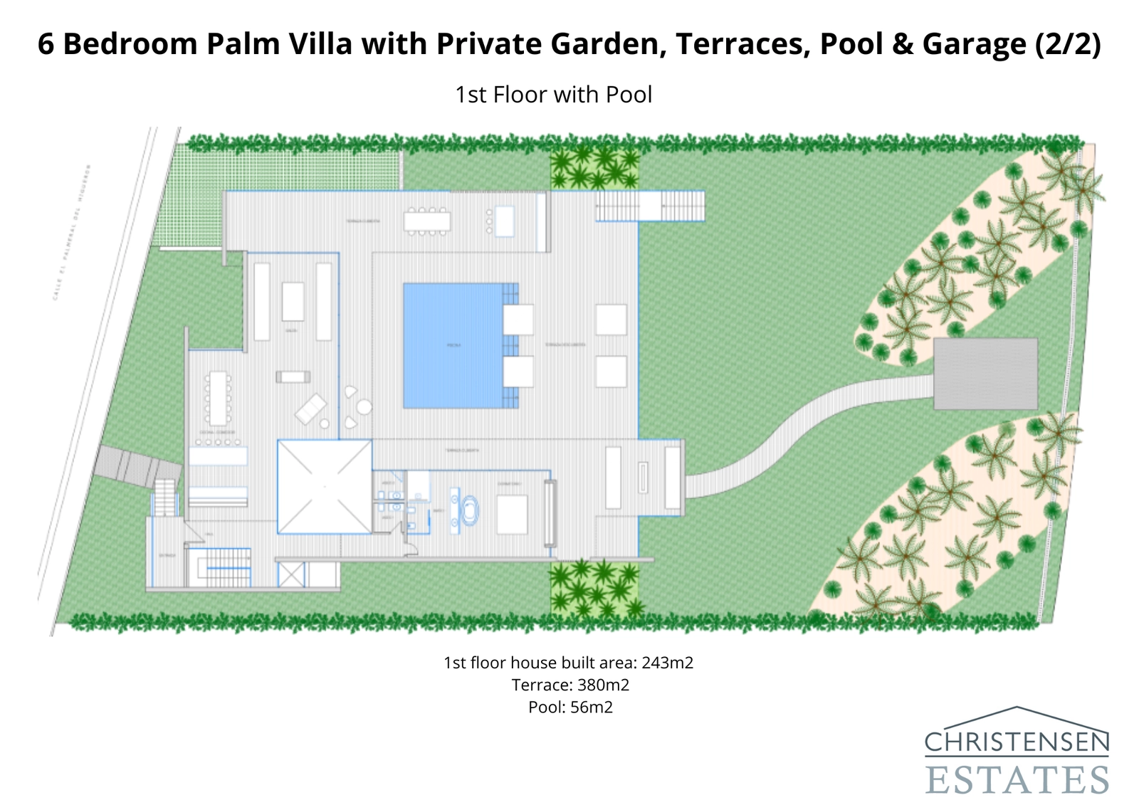 Planløsning for første etasje som viser hovedoppholdsrommene, hovedsuiten og den store terrassen med svømmebasseng, designet for sømløs innendørs- og utendørsliv.