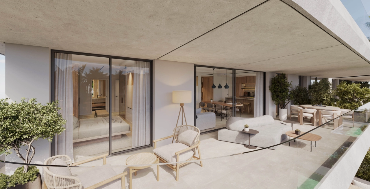 En utsikt over den romslige private terrassen, en ideell plass for avslapning, bespisning og for å nyte middelhavslivsstilen.