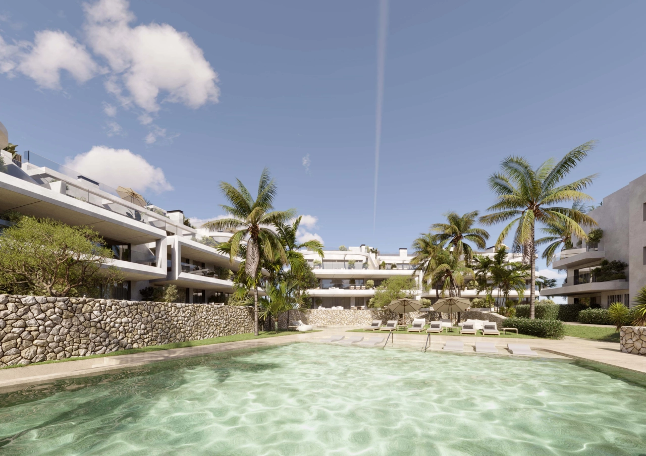 Det innbydende felles svømmebassenget ligger i anlagte hager, og skaper en privat oase for beboerne å nyte.