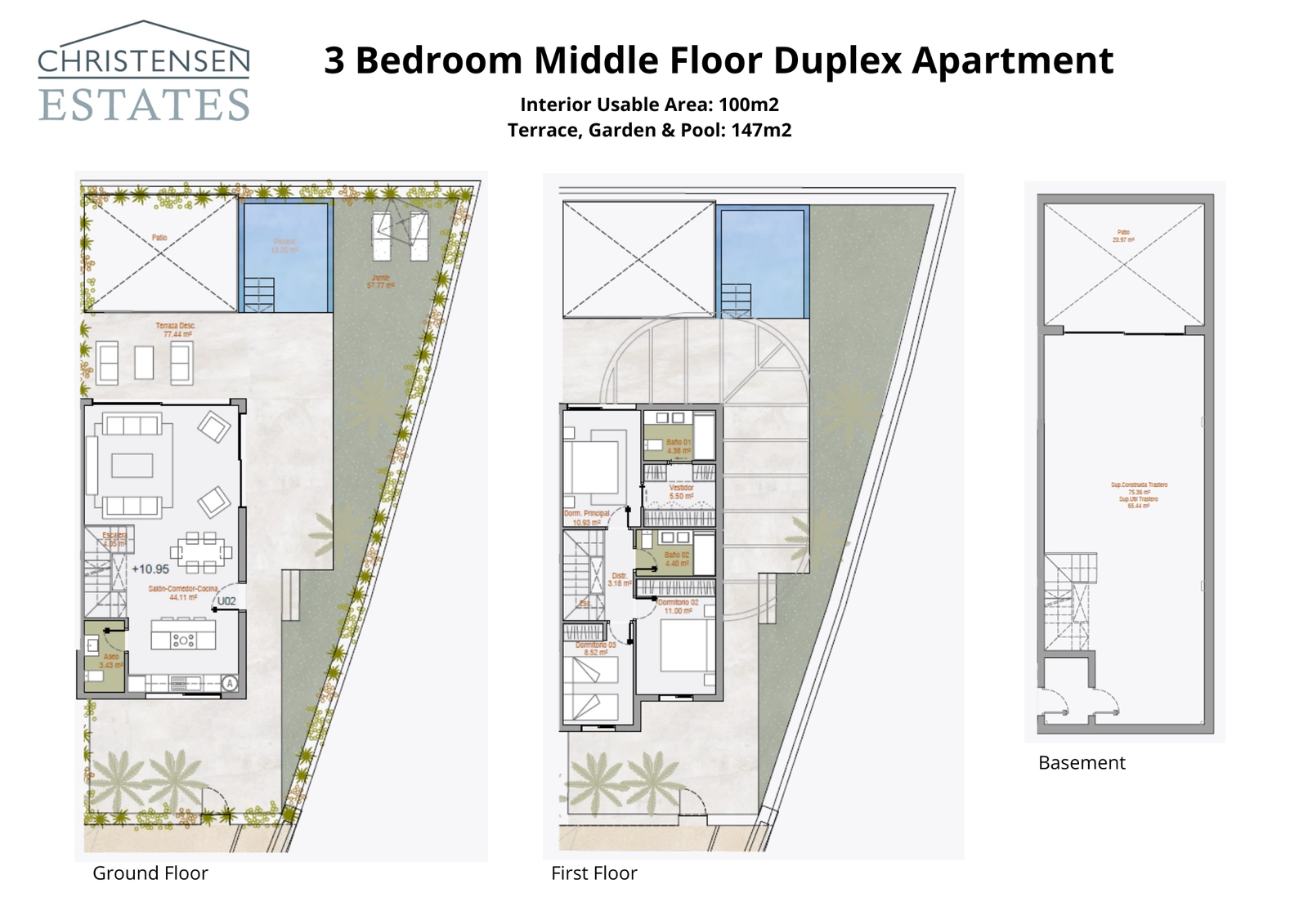Denne 3-roms dupleks-planløsningen tilbyr 100 m² boareal fordelt over to etasjer, pluss en kjeller. Den inkluderer en enorm 147 m² uteplass med privat hage og basseng.