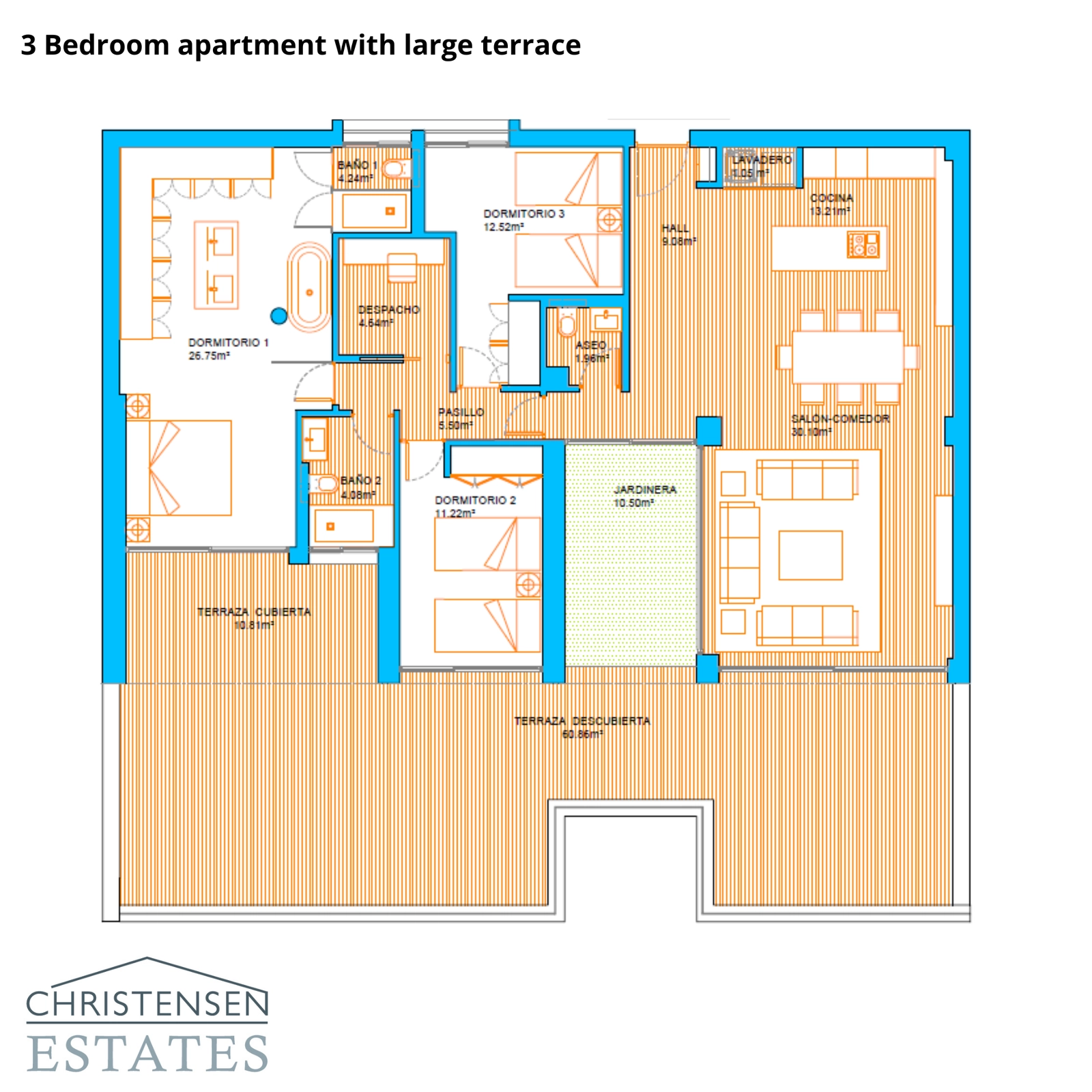 En godt fordelt tre-roms leilighet, som tilbyr sjenerøse interiørrom og en stor terrasse for avslapning og underholdning.