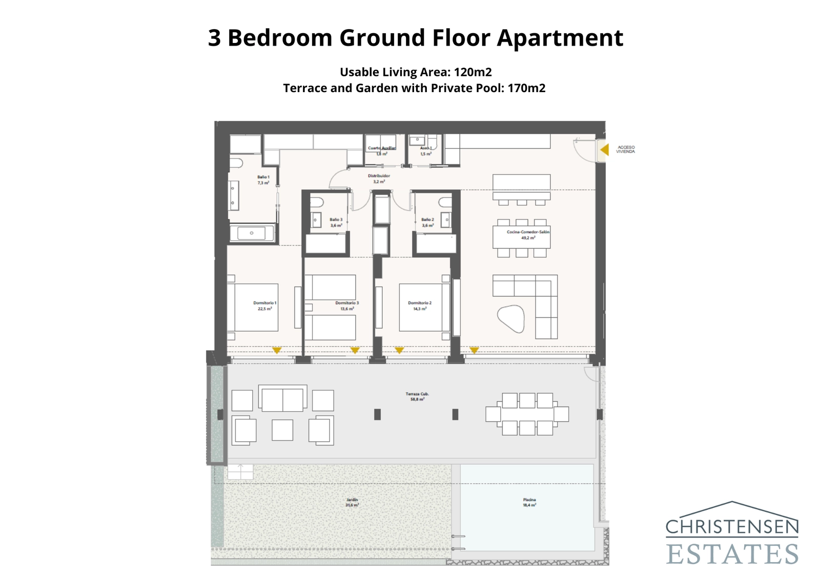 Denne tre-roms planløsningen i første etasje viser en sømløs overgang fra det romslige interiøret til en stor terrasse, hage og privat basseng.