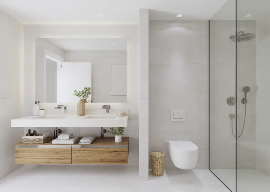 Et stilfullt hovedbad med høykvalitets finish, dobbel servant og en romslig dusjkabinett.