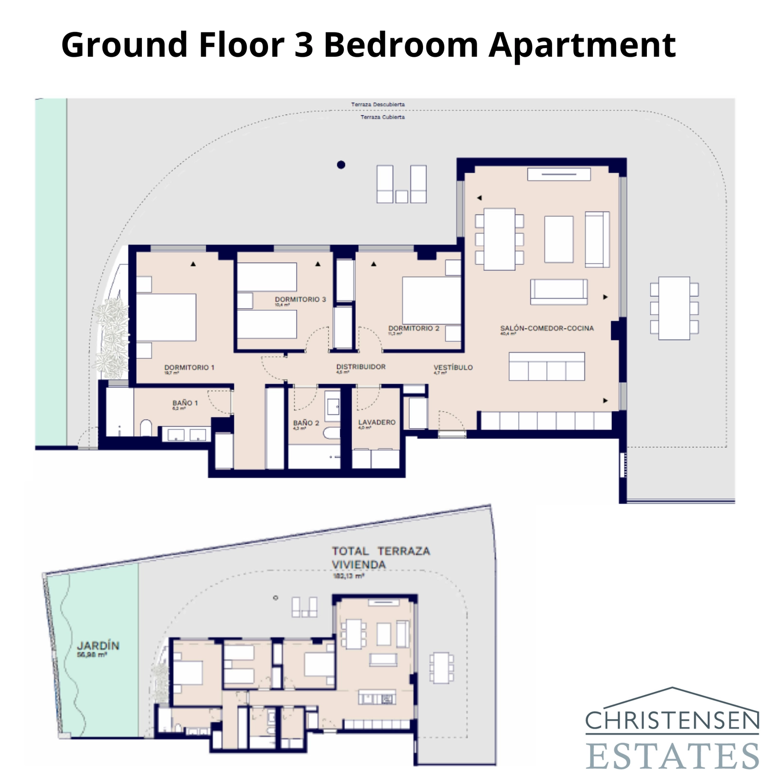 En planløsning for en tre-roms leilighet i første etasje, som fremhever den store private hagen og overbygde terrassen.