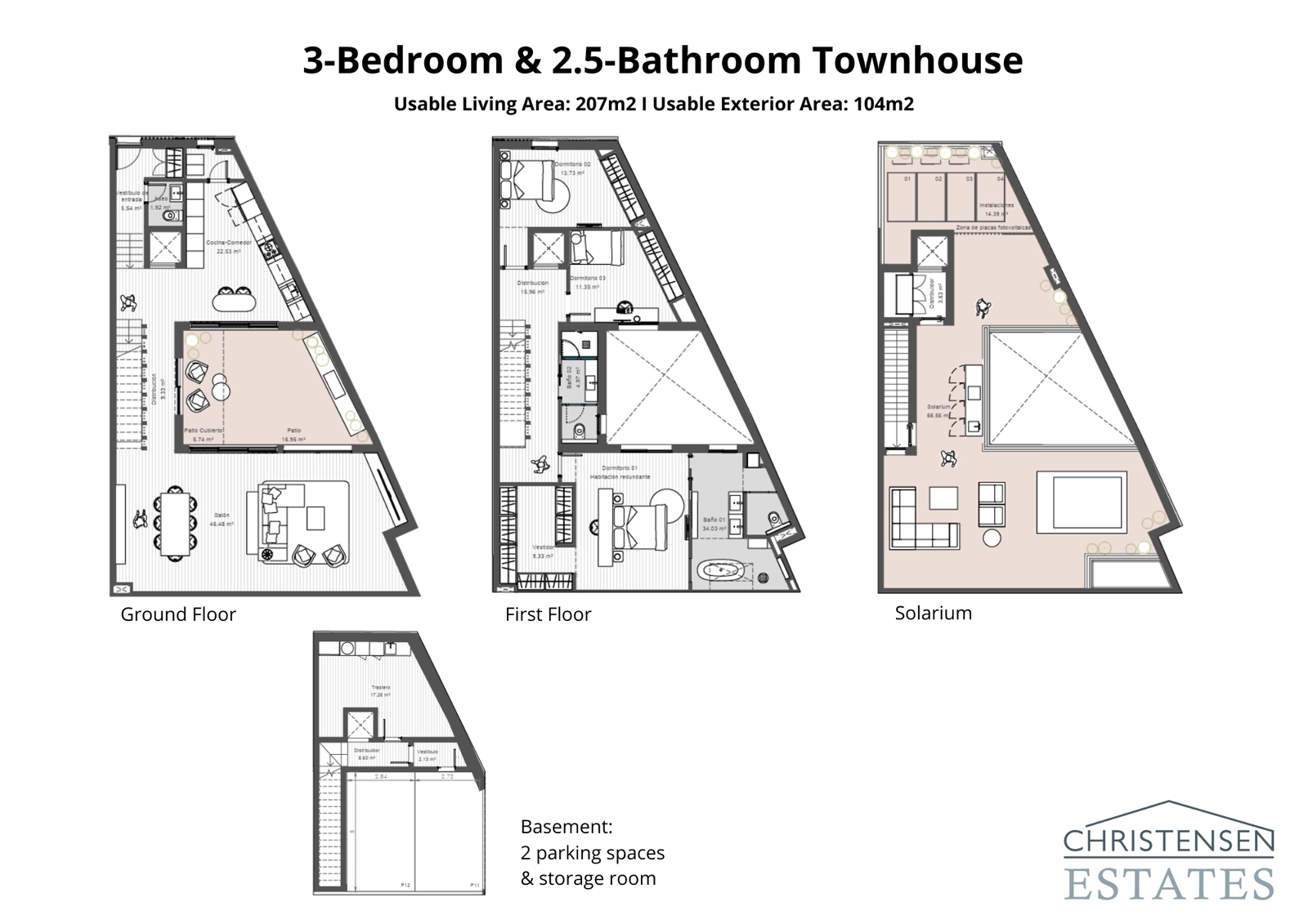 En alternativ planløsning med 3 soverom som viser den intelligente romfordelingen og den sømløse forbindelsen til den private patioen og terrassene.