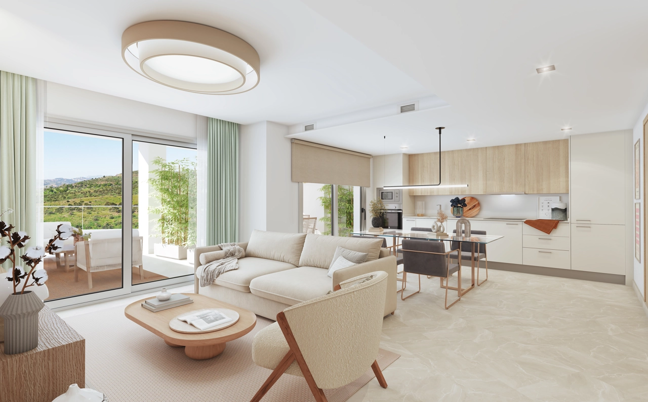 Den lyse og romslige stuen med åpen løsning, som sømløst forbinder til terrassen for perfekt innendørs-utendørs livsstil.