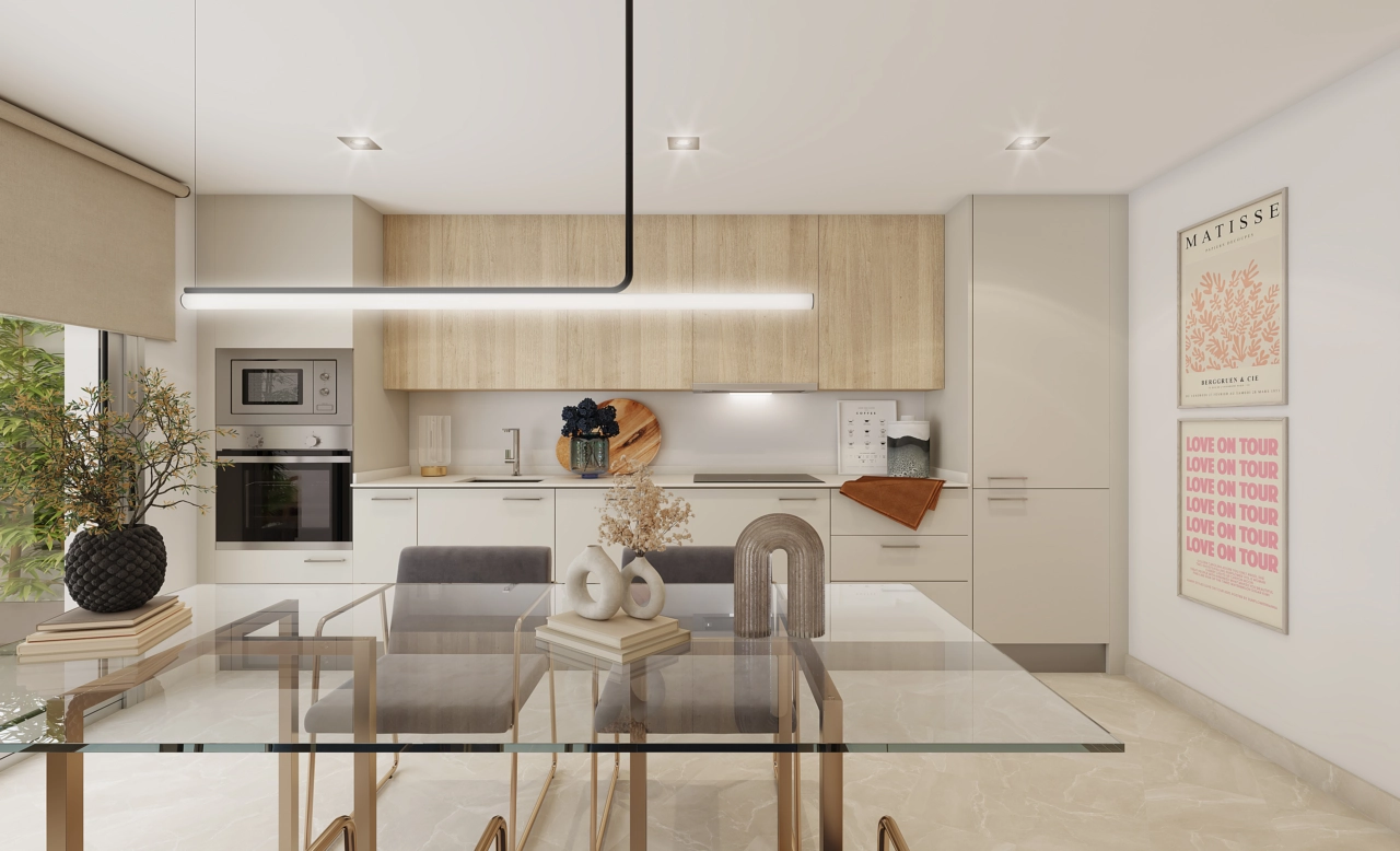 Et moderne, fullt utstyrt kjøkken med hvitevarer av høy kvalitet, designet for både funksjonalitet og stil.