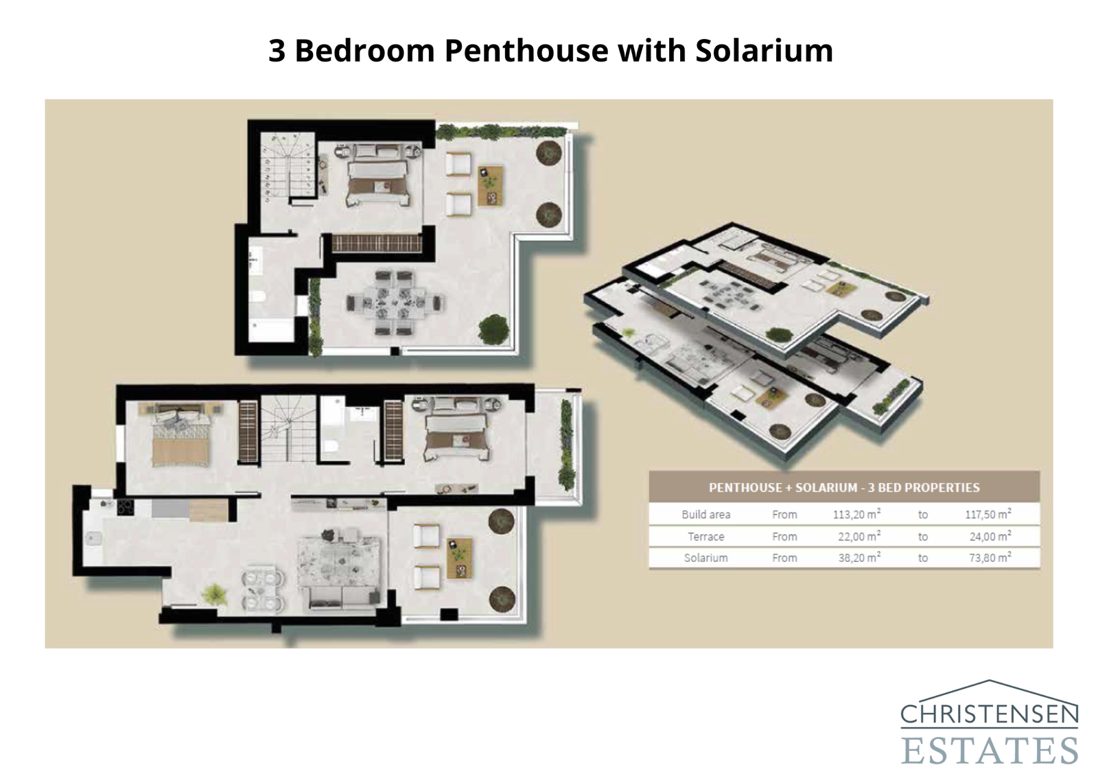 Penthouse med tre soverom og solarium: Den mest romslige boligen, som tilbyr tre komfortable soverom og et storslått privat solarium med panoramautsikt.