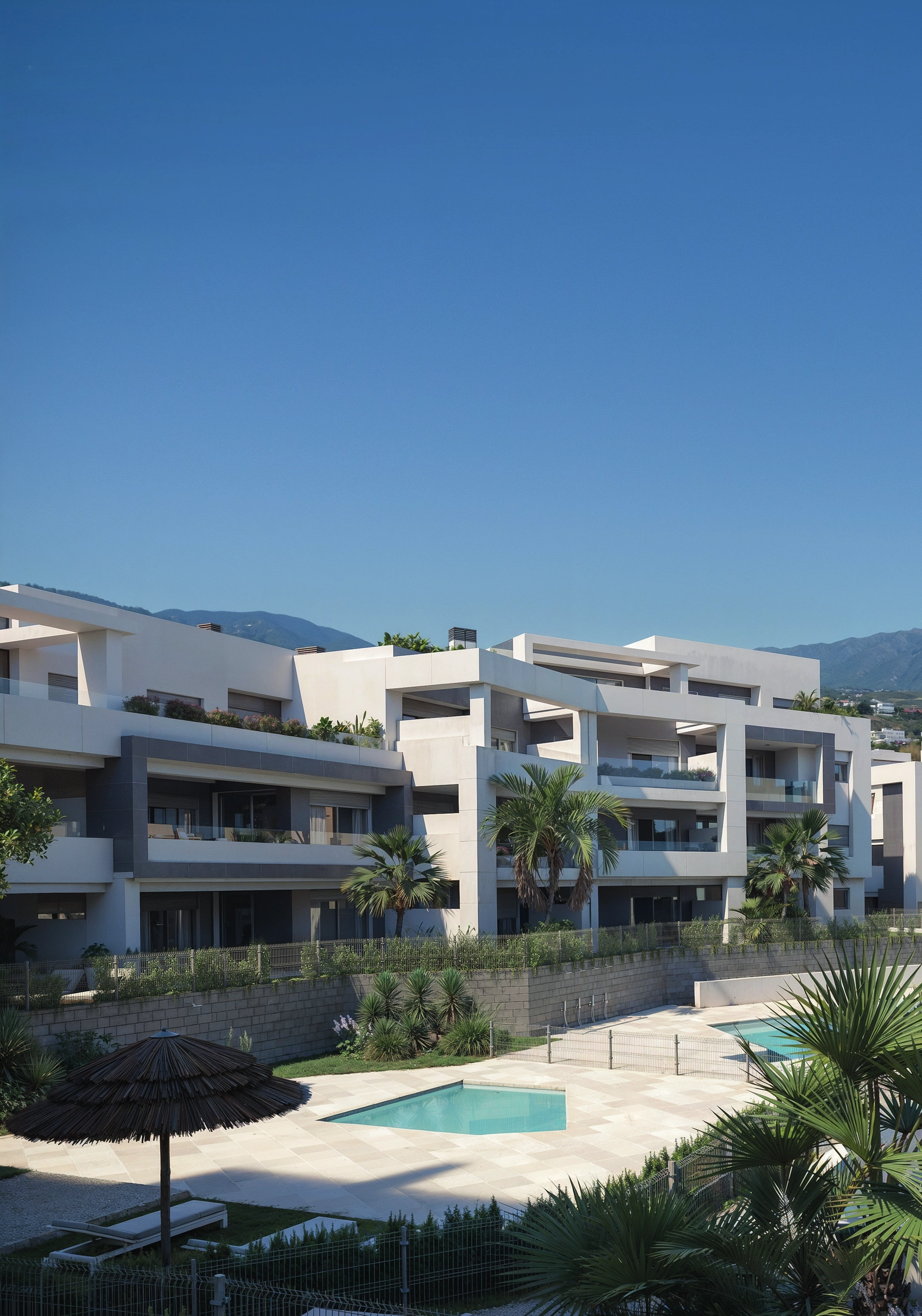 En utsikt over de elegante boligbyggene omgitt av modent grøntområde.