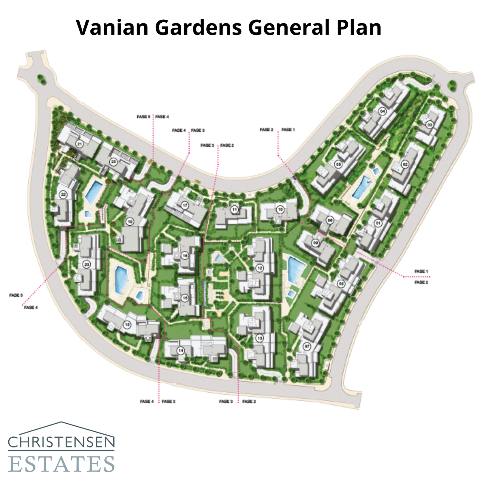 En oversikt over prosjektets layout, som viser de omfattende grøntområdene, svømmebassengene og plasseringen av boligbyggene.