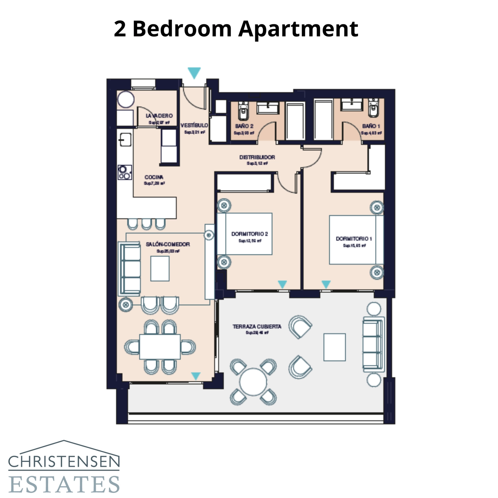 Denne to-romsplanløsningen har et smart design med et åpent oppholdsrom, to bad og en stor overbygd terrasse for å nyte klimaet.