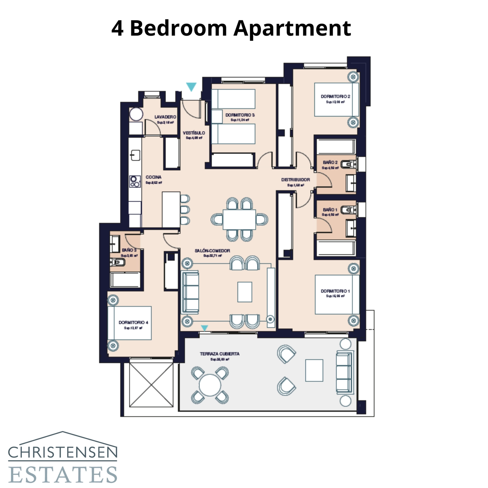 Fire-roms leiligheten tilbyr rikelig med plass for familie og gjester, med en funksjonell layout som skiller bo- og soveområder for privatliv og komfort.