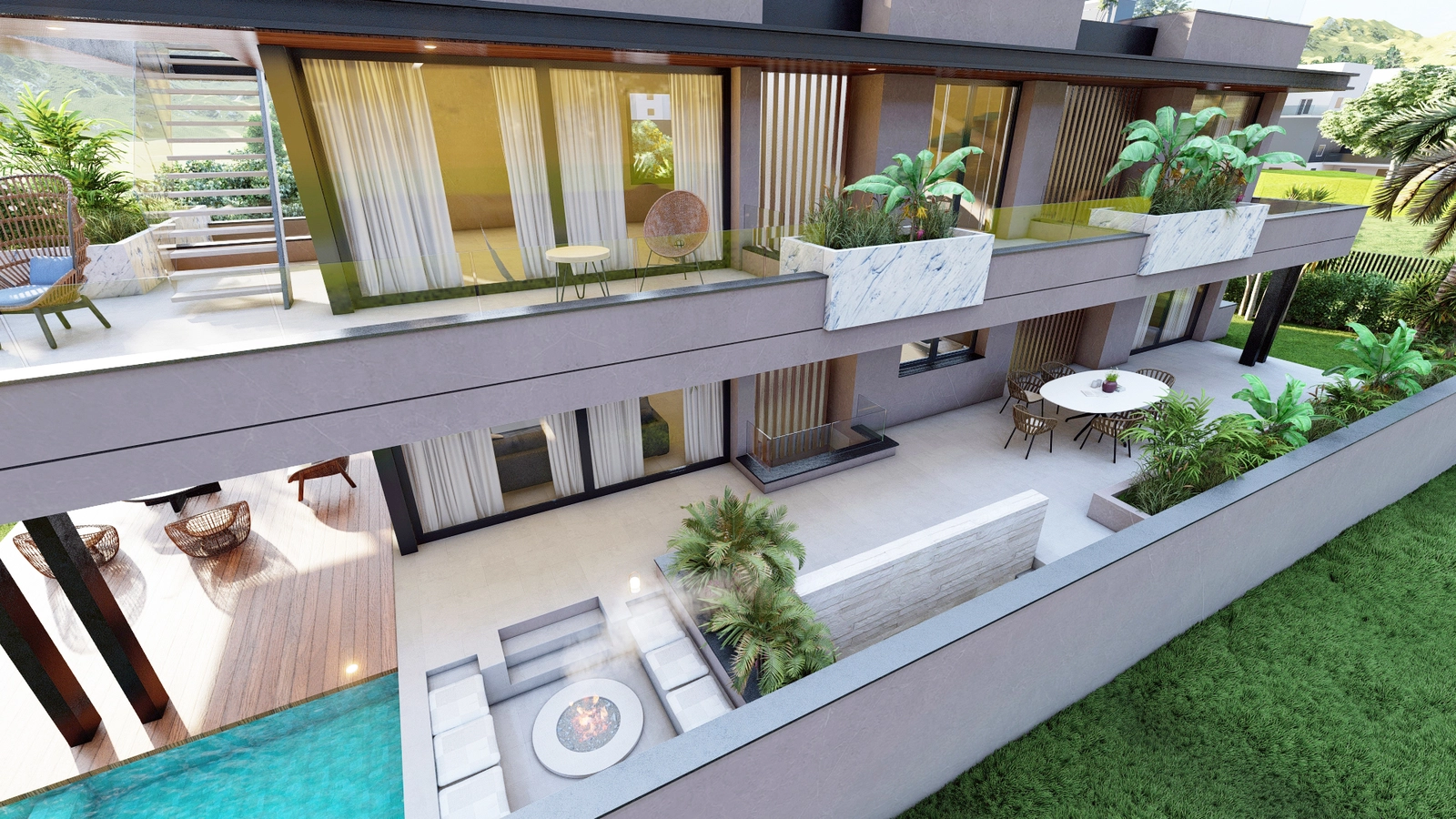 Flere terrasser på forskjellige nivåer gir allsidige uteområder for enhver anledning, fra rolige morgener til livlige sammenkomster.