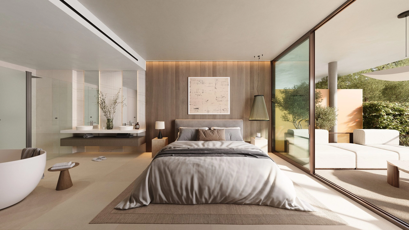 Elegant designet hovedsoverom som kobles til et luksuriøst baderom, noe som skaper en privat og avslappende atmosfære.